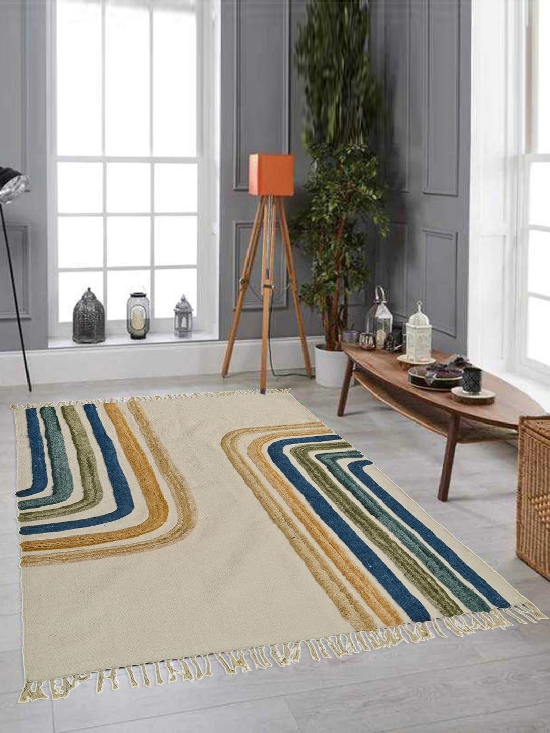 

Art Avenue Beige & Blue Striped Embroidered Cotton Carpet