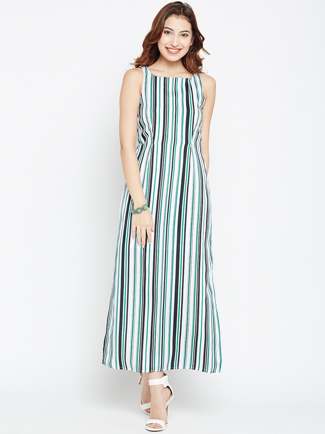 

Style Quotient Women White & Green Striped Maxi Dress