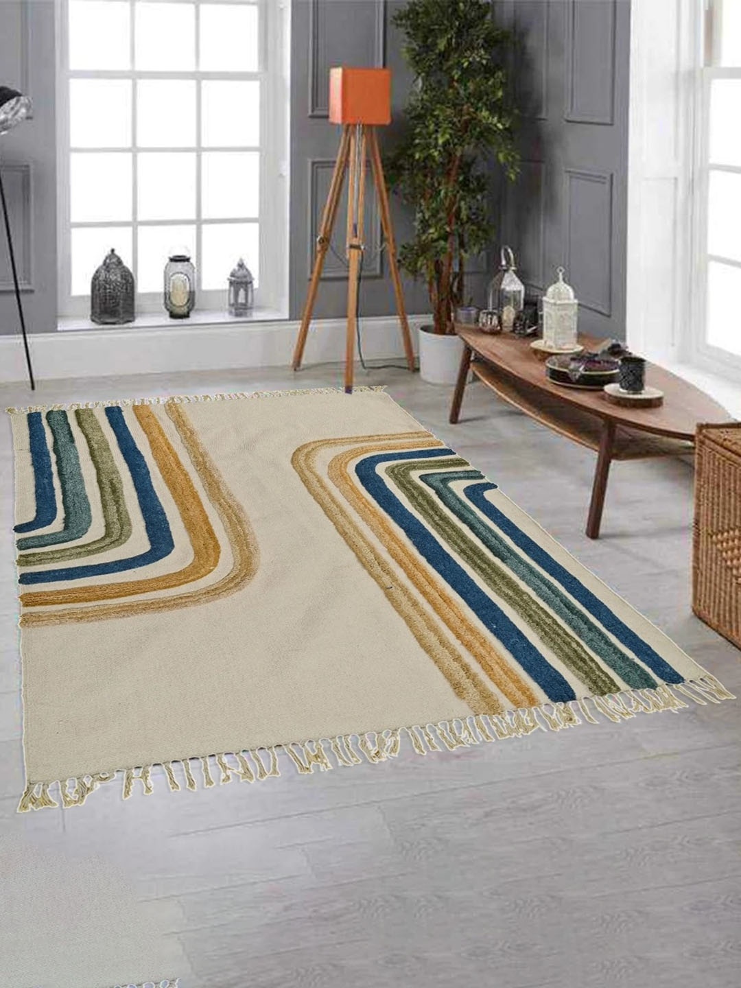 

Art Avenue Beige & Blue Striped Embroidered Cotton Rectangular Carpet