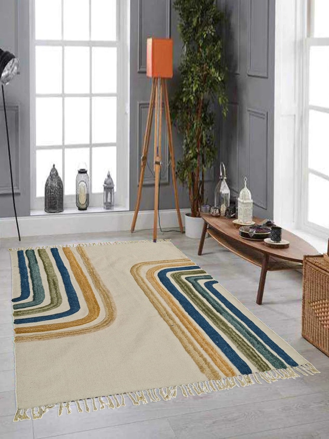 

Art Avenue Cream & Blue Striped Embroidered Cotton Rectangular Carpet