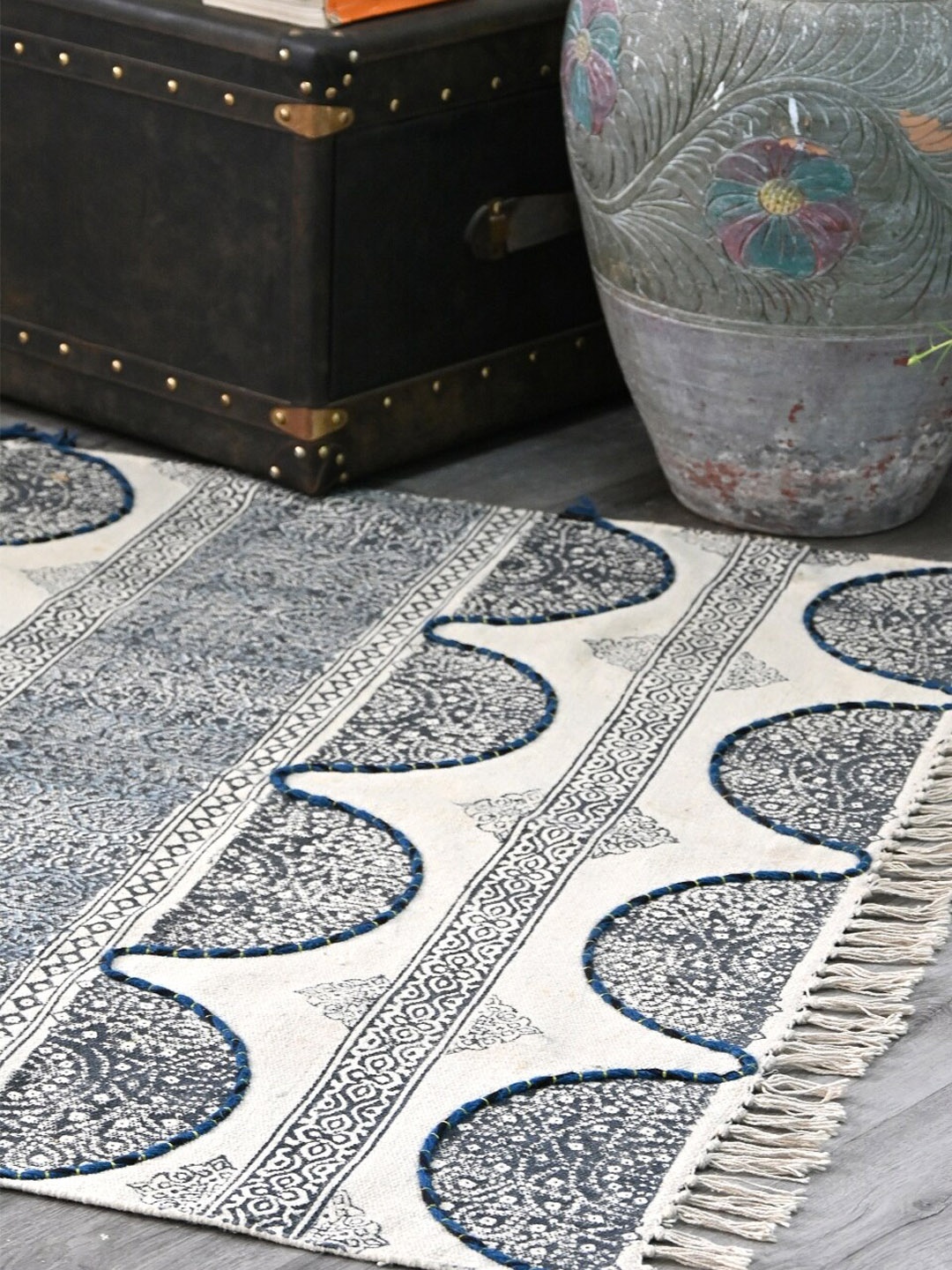 

Art Avenue White & Blue Ethnic Motifs Printed & Embroidered Cotton Carpet