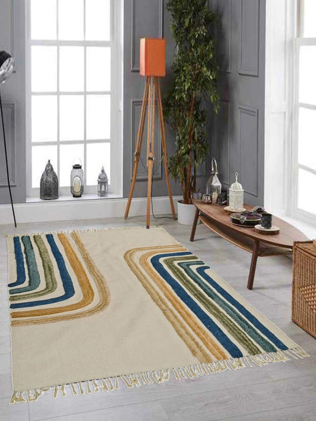 

Art Avenue Beige & Blue Striped Embroidered Cotton Carpet