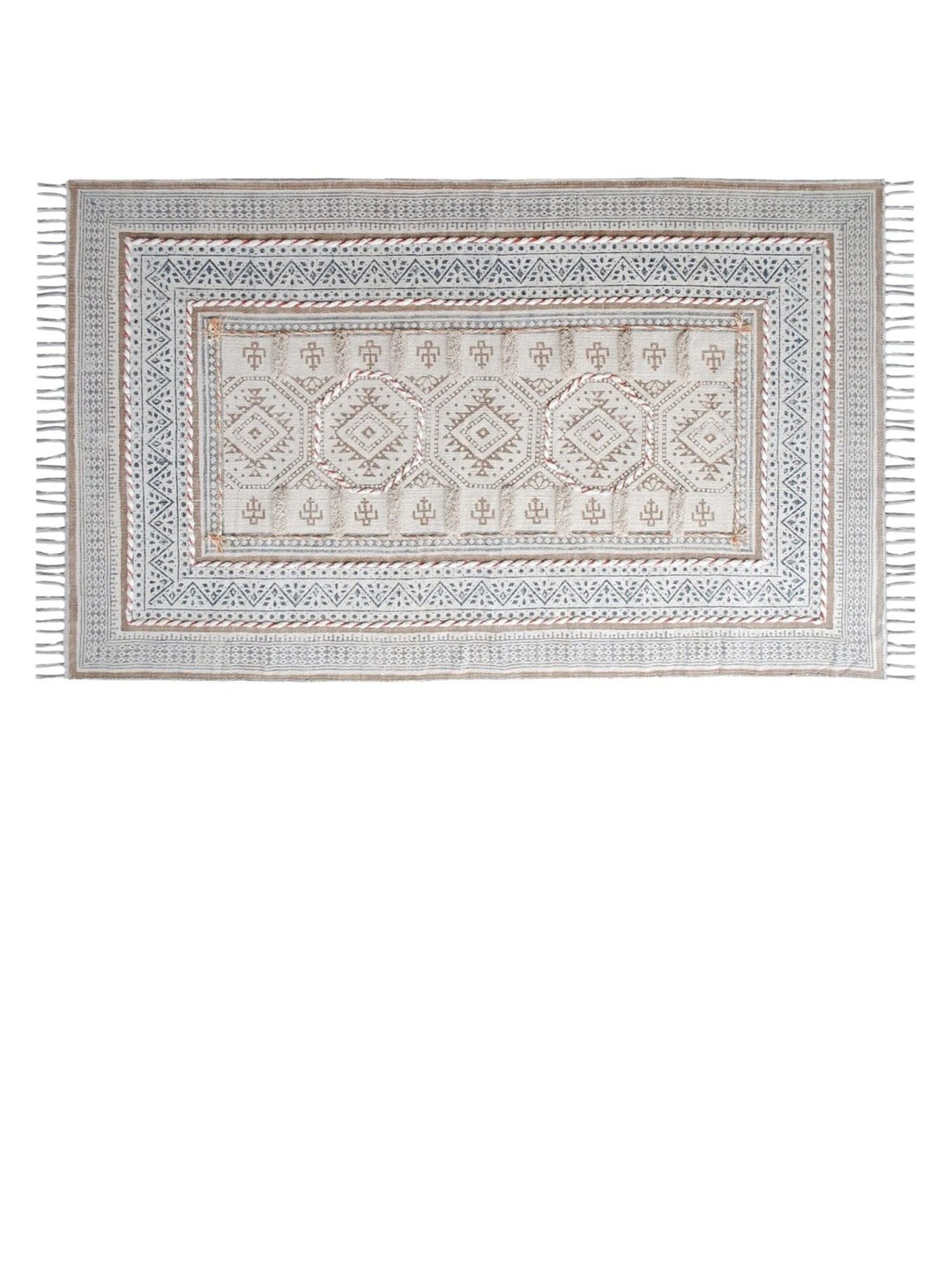 

Art Avenue Beige & Blue Ethnic Motifs Printed & Embroidered Cotton Carpet