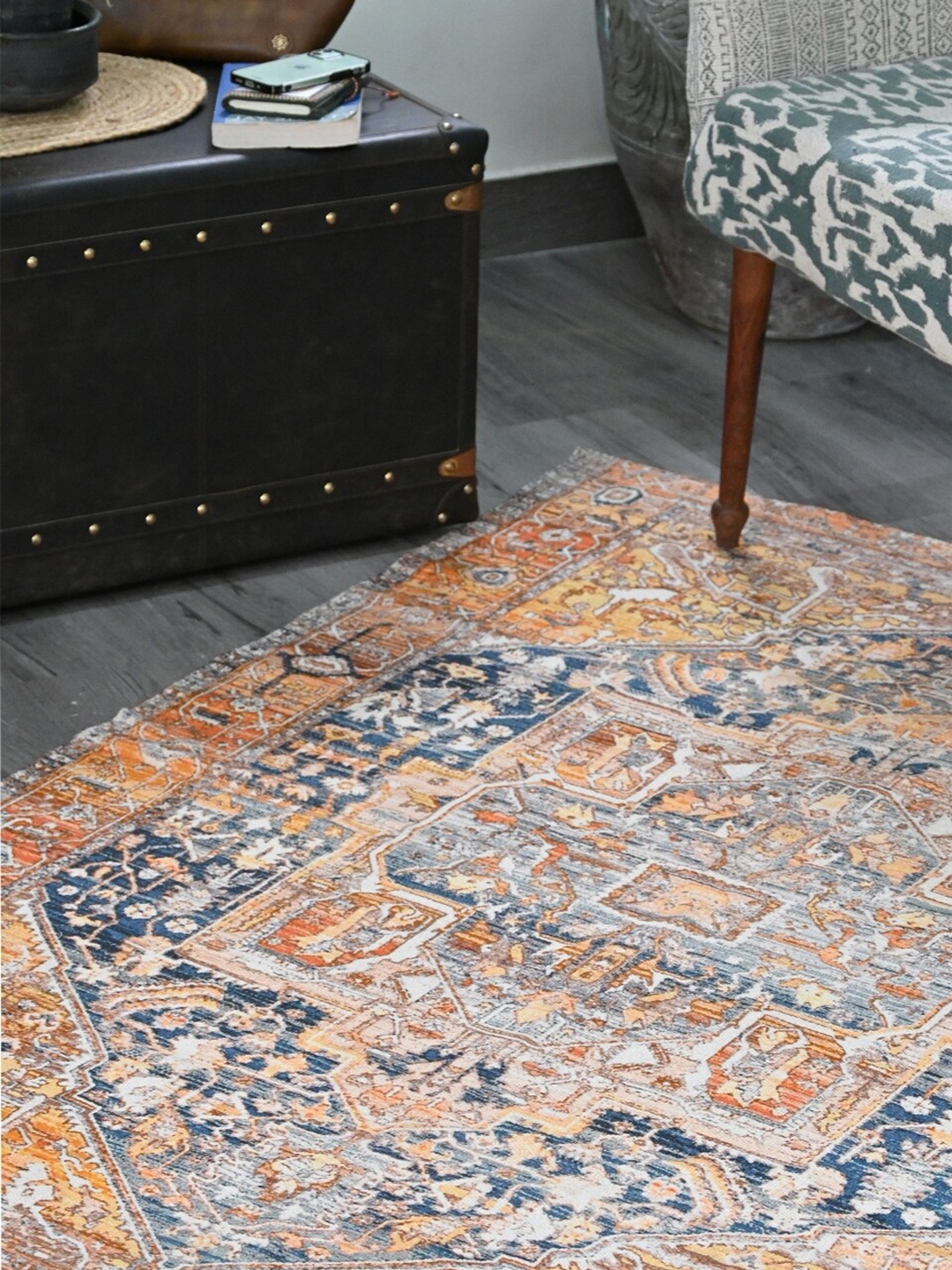 

Art Avenue Orange & Blue Ethnic Motifs Printed Cotton Carpet
