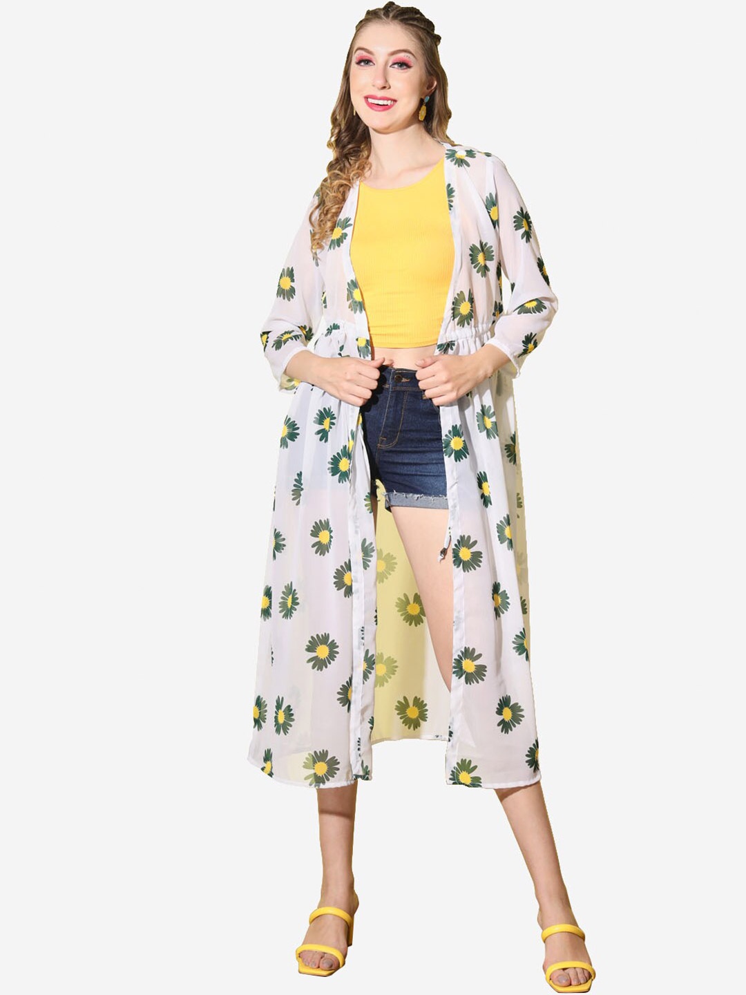 

BUY NEW TREND Women Georgette Floral Printed Longline Shrug, Green