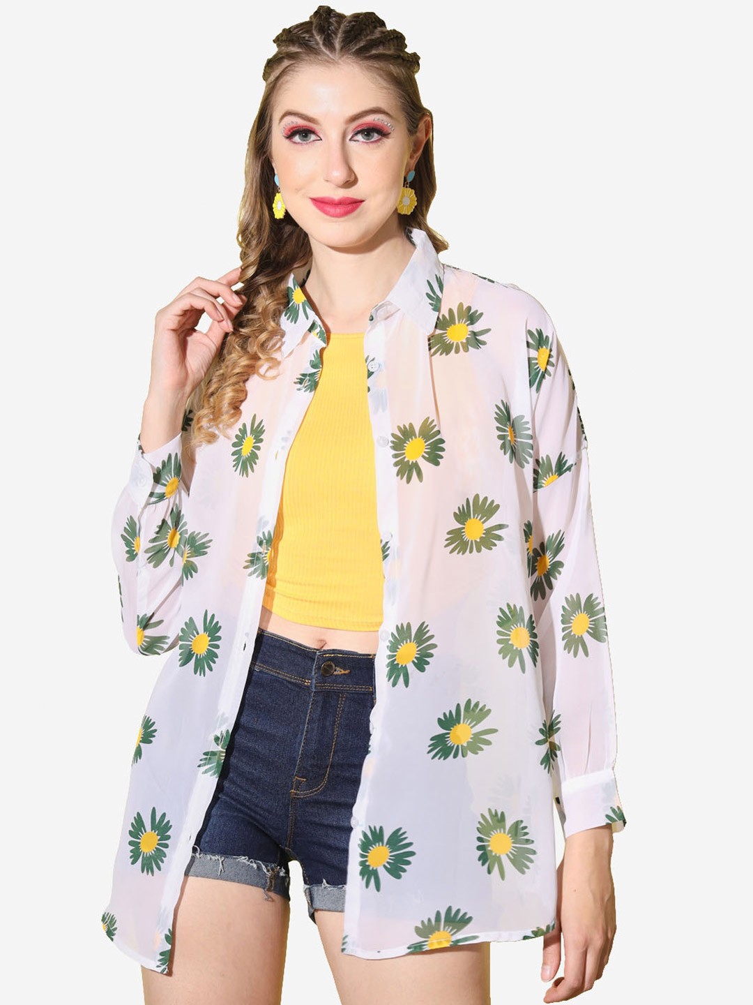 

BUY NEW TREND Boxy Fit Women Floral Printed Sheer Casual Shirt, White
