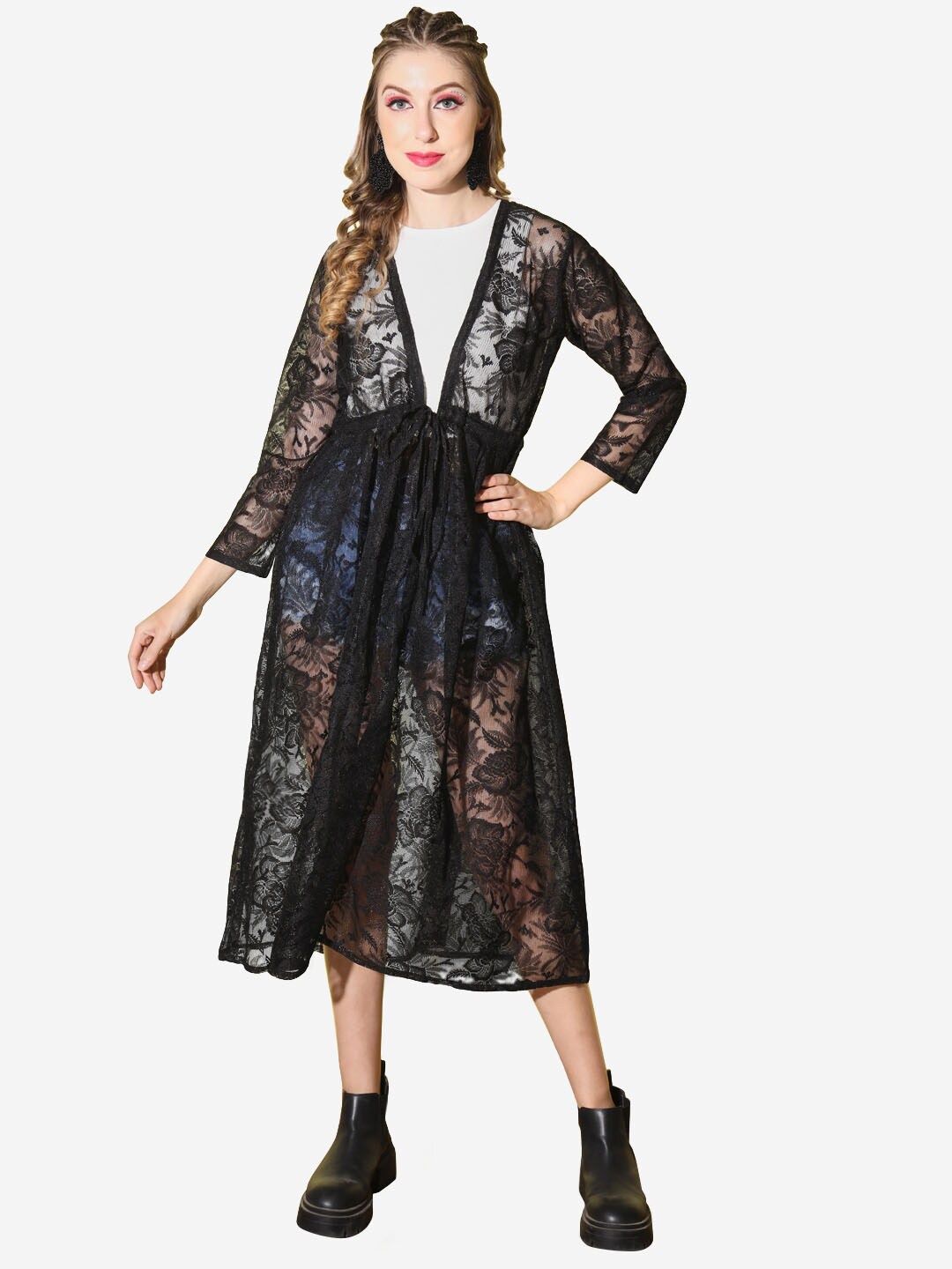 

BUY NEW TREND Women Floral Lace Net Longline Tie-Up Shrug, Black