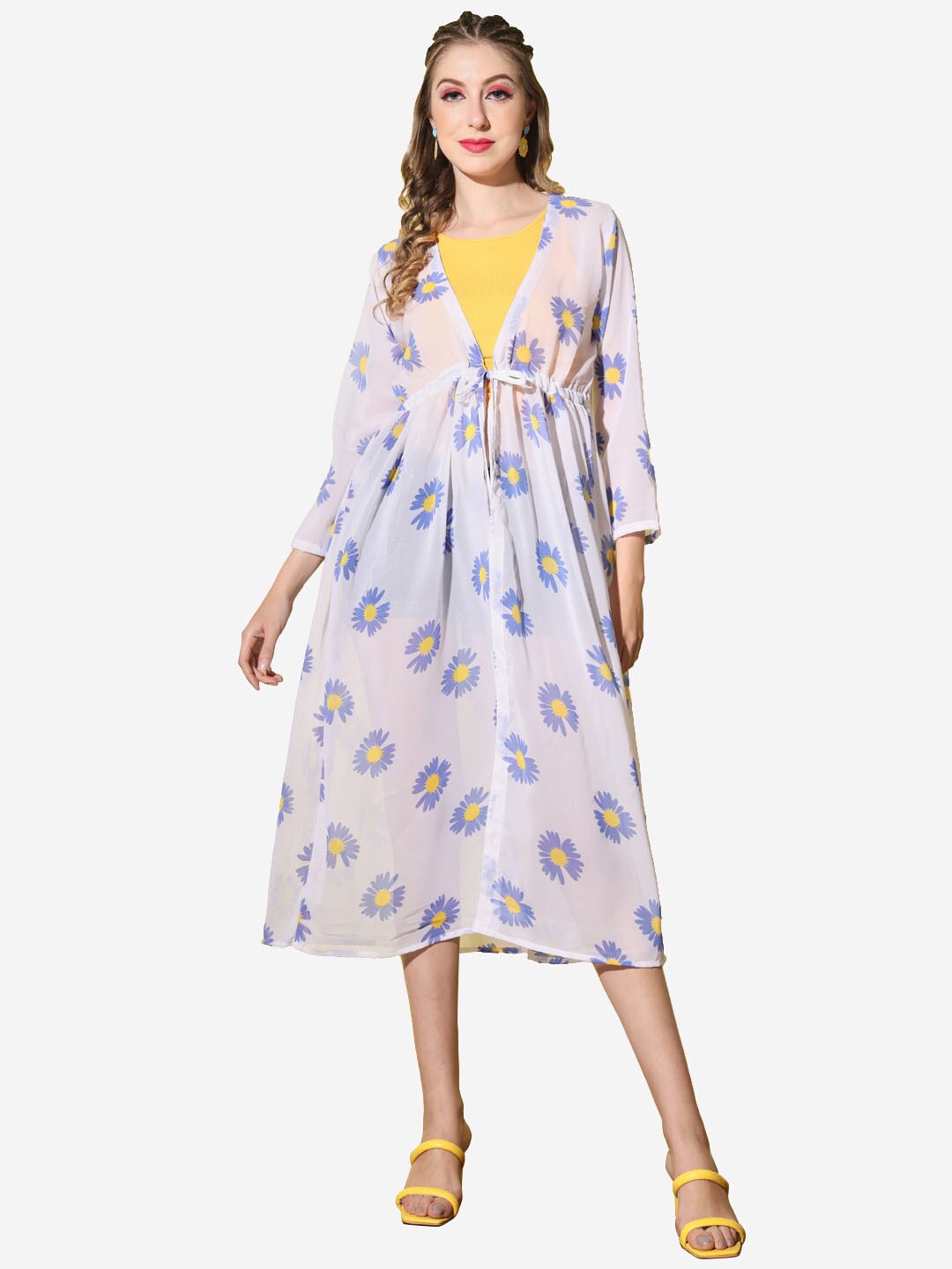 

BUY NEW TREND Women Floral Printed Longline Tie-Up Shrug, Blue