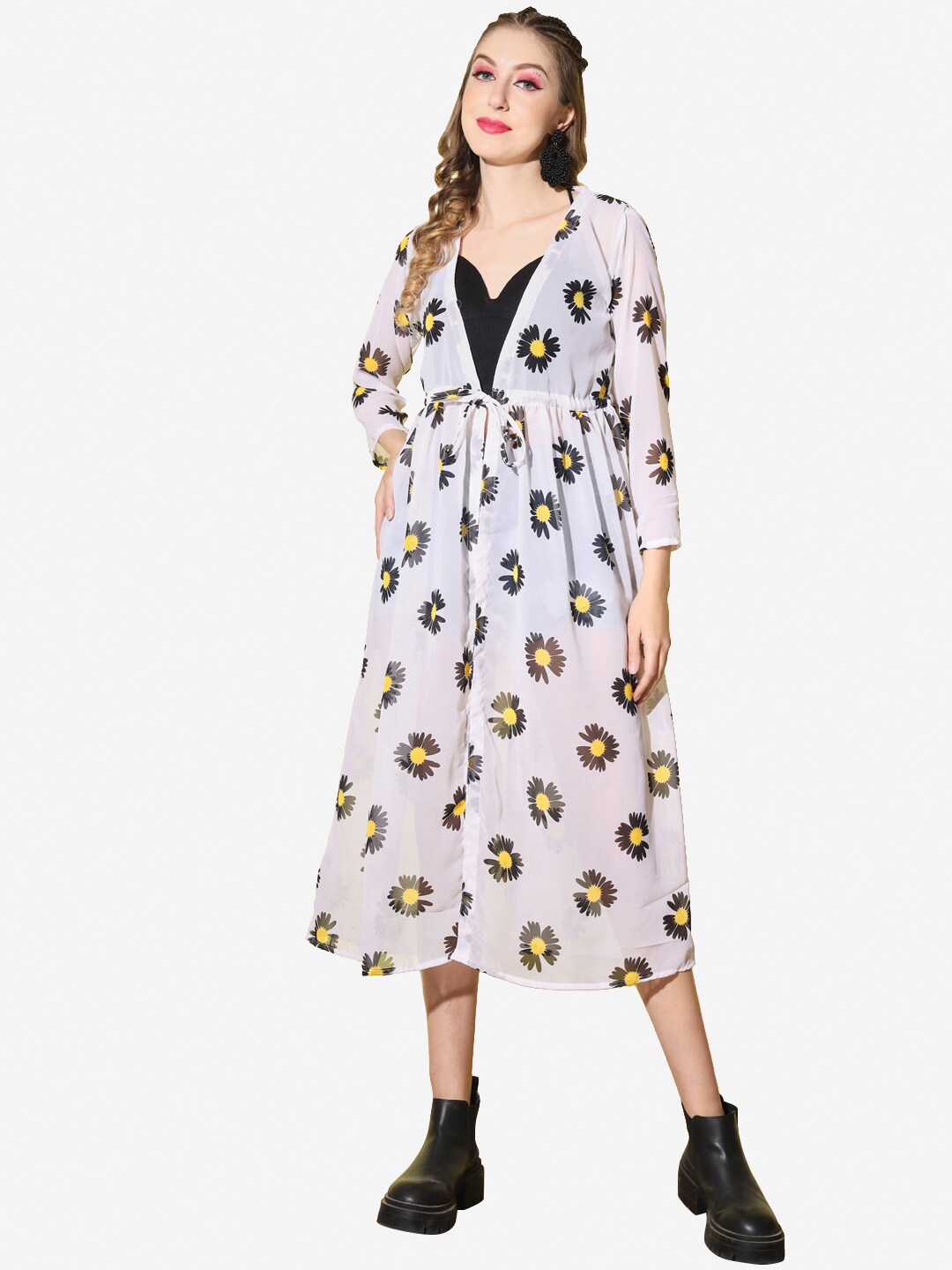 

BUY NEW TREND Women Floral Printed Longline Tie-Up Shrug, White