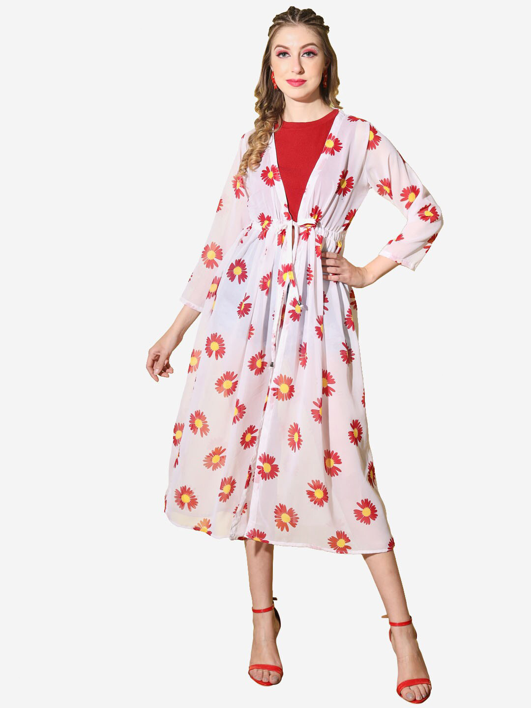 

BUY NEW TREND Women Floral Printed Longline Tie-Up Shrug, Red