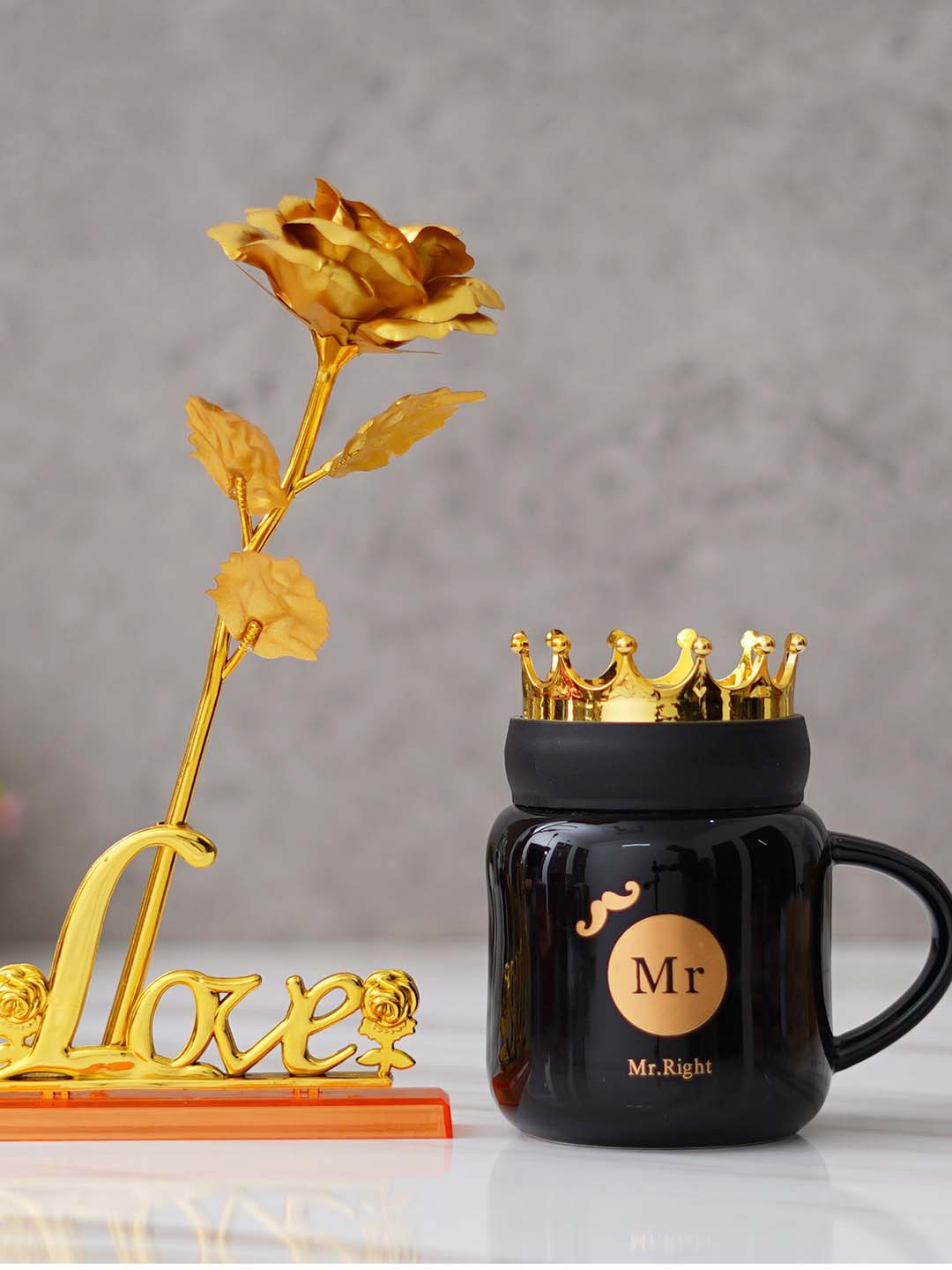 

eCraftIndia 2 Pieces Black & Yellow Ceramic Black Mug With Rose Table Decor