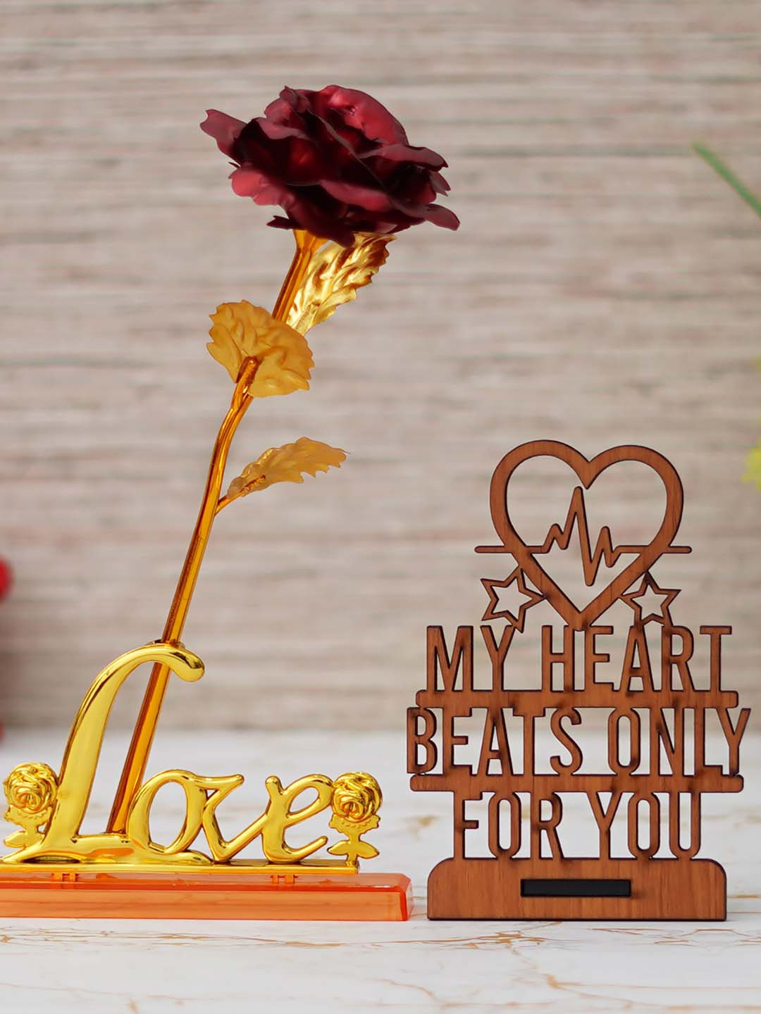 

eCraftIndia 2 Pieces Rose Table Decor Showpiece & Wooden Showpiece With Stand, Red