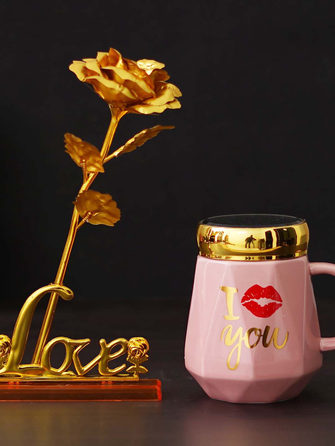 

eCraftIndia 2 Pieces Pink & Yellow Ceramic Mug & Rose Table Decor Showpiece