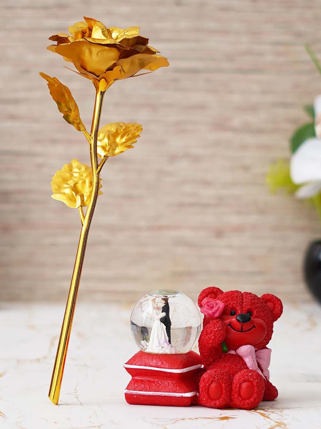 

eCraftIndia 2 Pieces Red Valentine Teddy Bear & Couple Snow Globe with Light & Rose, Gold