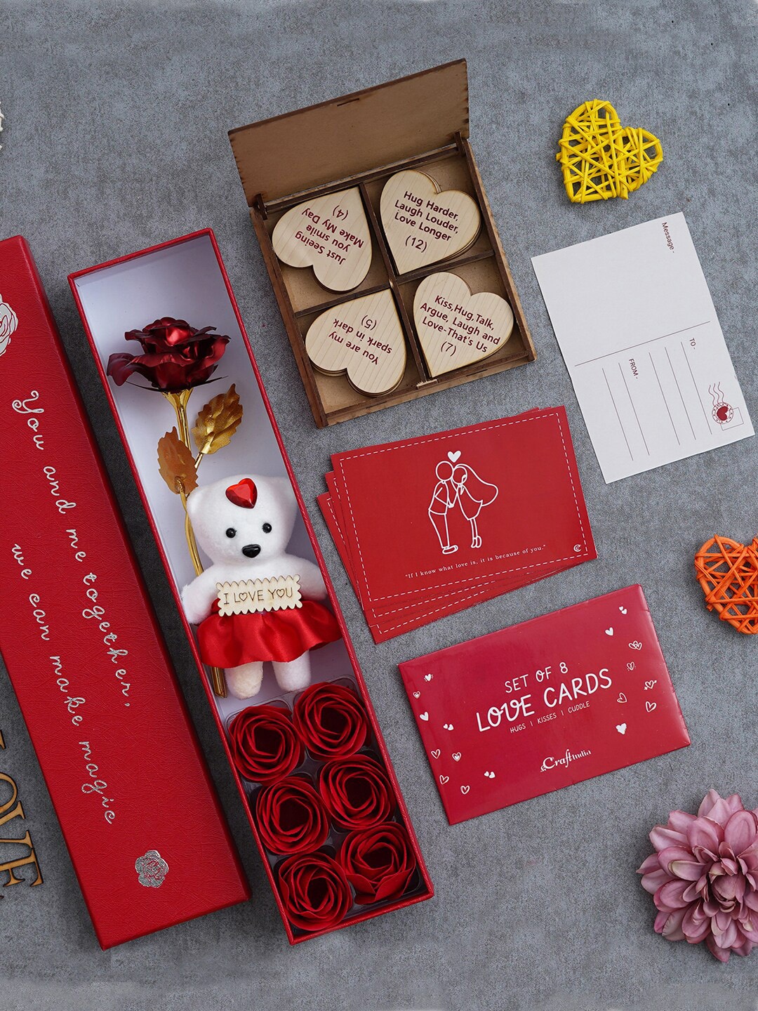 

eCraftIndia 8 Love Cards Set Red Box Teddy Roses & 20 Reasons Why I Love You Gift Set