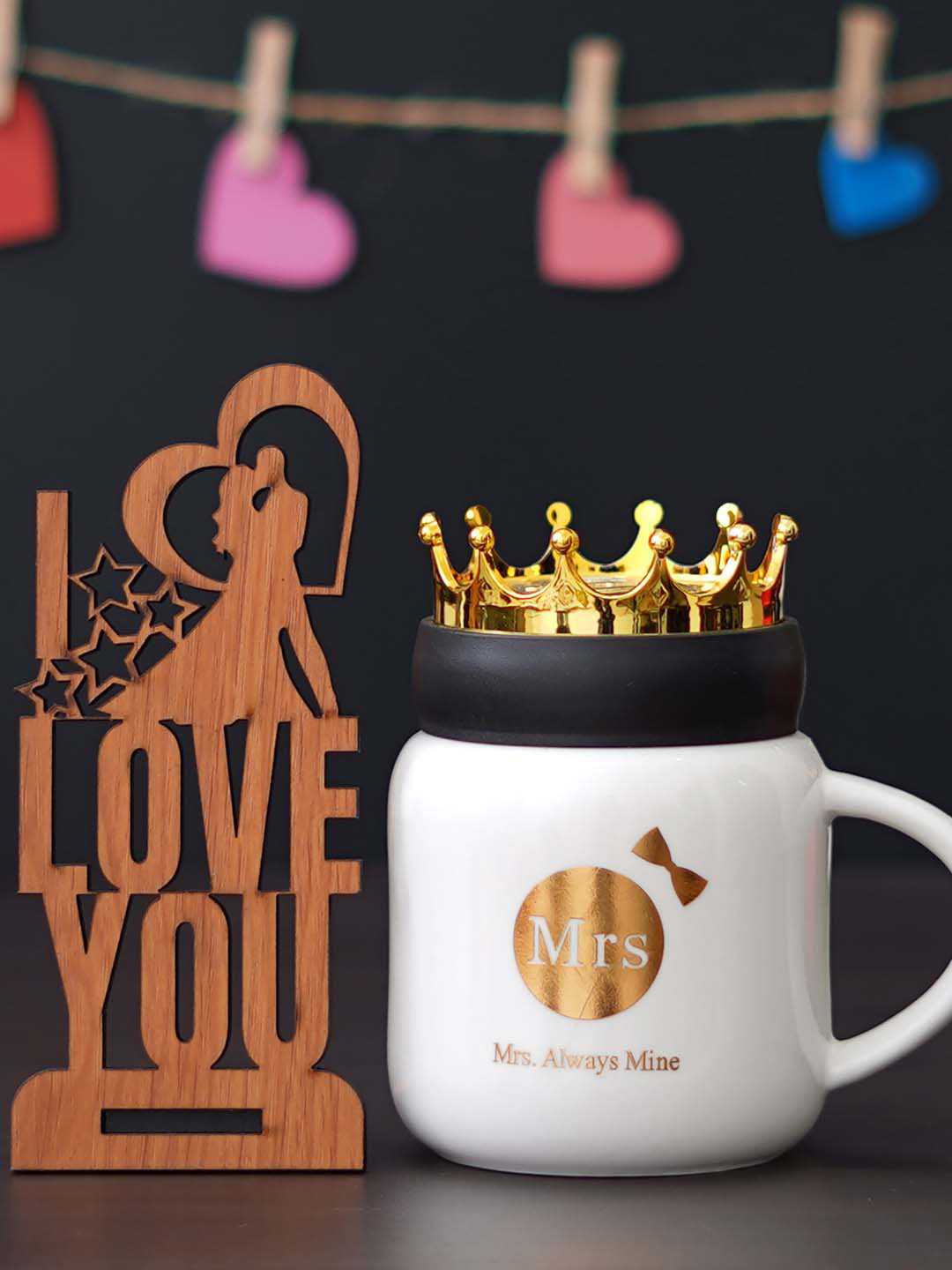 

eCraftIndia 2 Pieces White Printed Ceramic Mug With Wooden Showpiece With Stand Gift Set