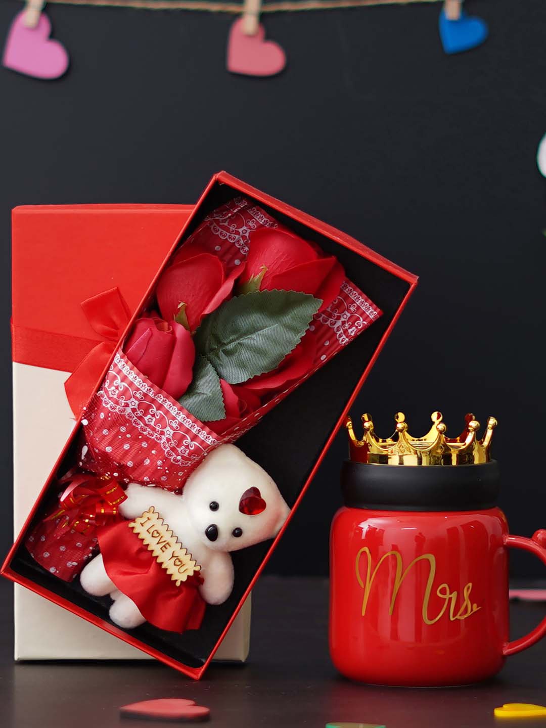 

eCraftIndia 2 Pieces Printed Ceramic Mug With Rose Valentine Gift Set, Red