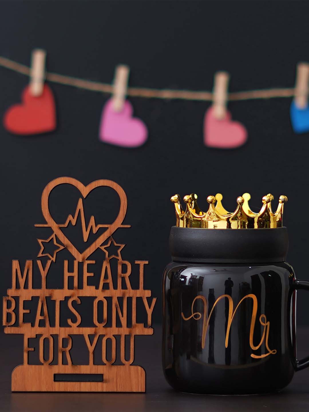 

eCraftIndia 2 Pieces Black Printed Ceramic Mug With Wooden Showpiece Valentine Gift Set