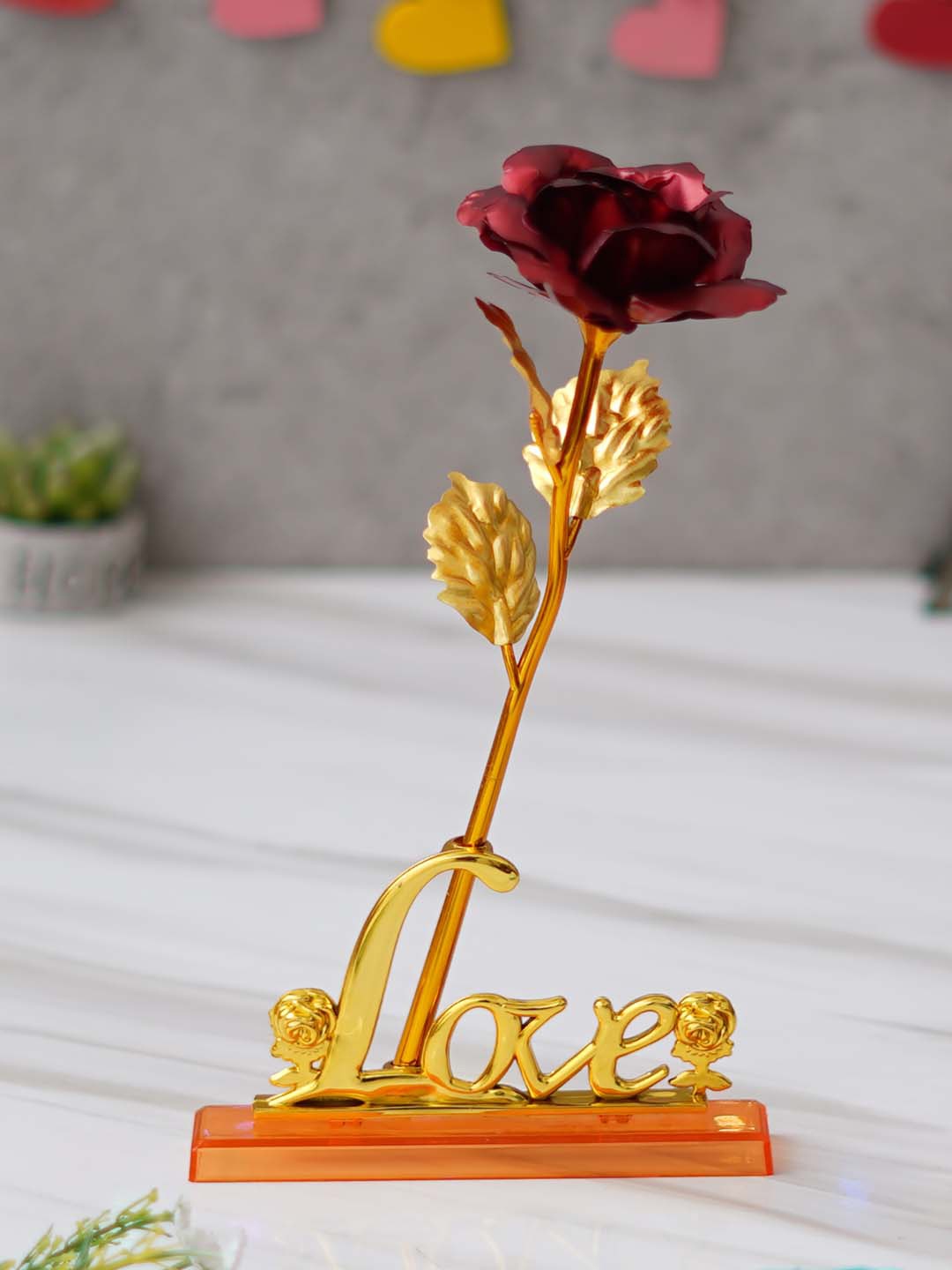 

eCraftIndia 2 Pcs Golden Red Rose Table Decor Gift Set Showpiece Valentine Gift Set