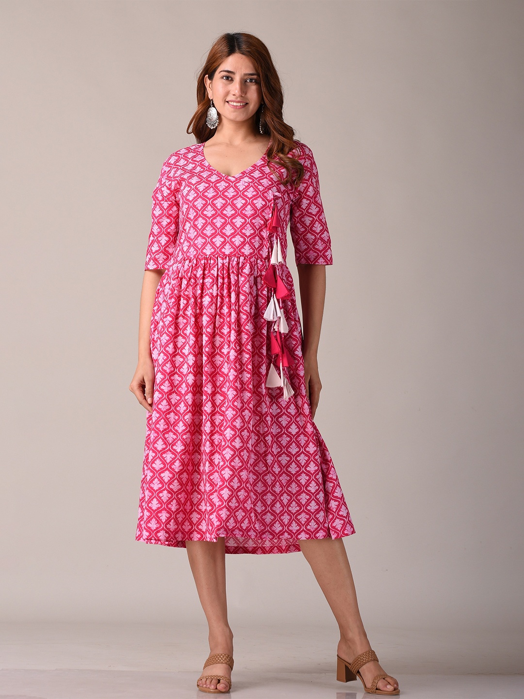 

KANNAHI Ethnic Motif Printed Cotton Midi Dress, Pink