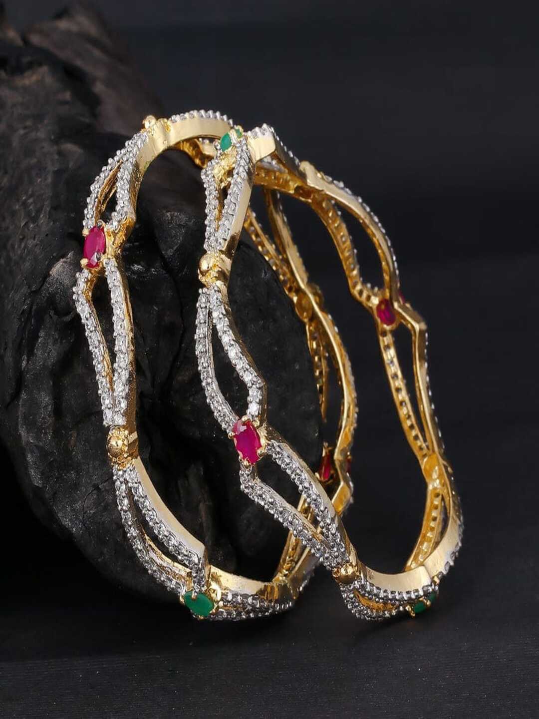 

Runjhun Set of 2 Gold-Plated CZ & AD Studded Bangles, White