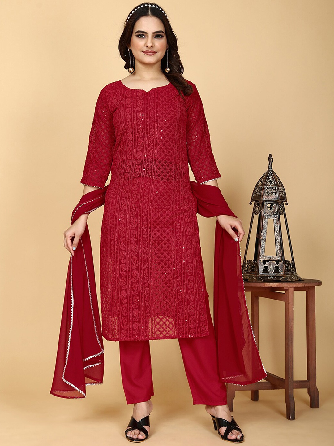 

PRENEA Women Ethnic Motifs Embroidered Sequinned Kurta with Trousers & Dupatta, Red