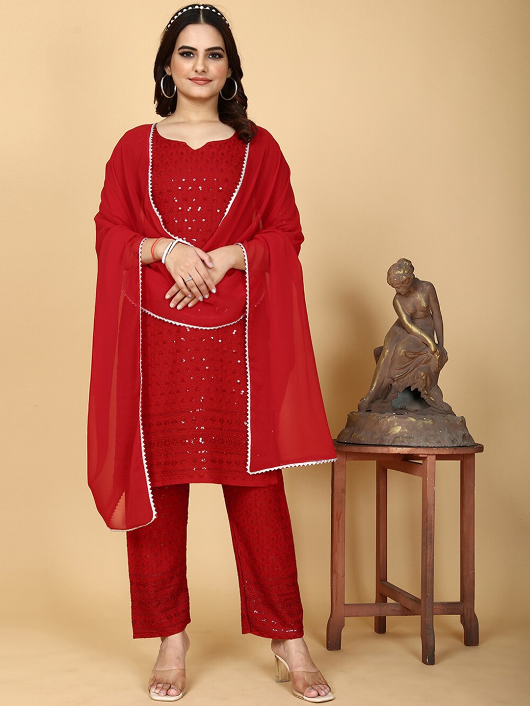 

PRENEA Women Embroidered Sequinned Kurta with Trousers & Dupatta, Red