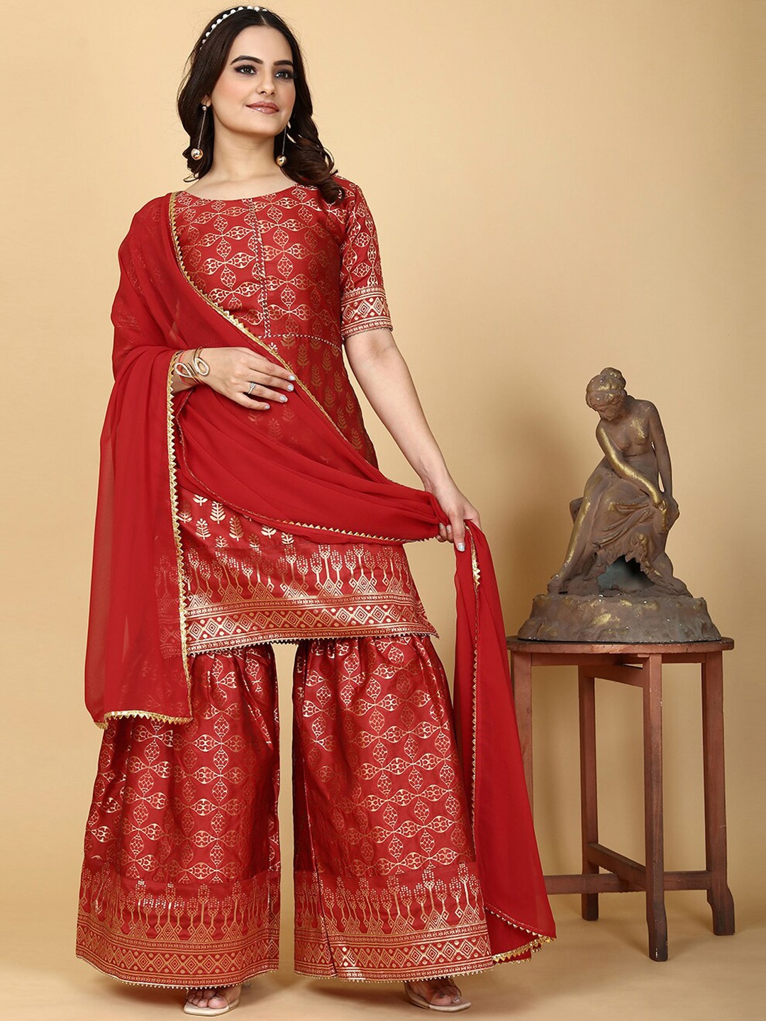 

PRENEA Ethnic Motifs Printed Kurta with Sharara & With Dupatta, Red