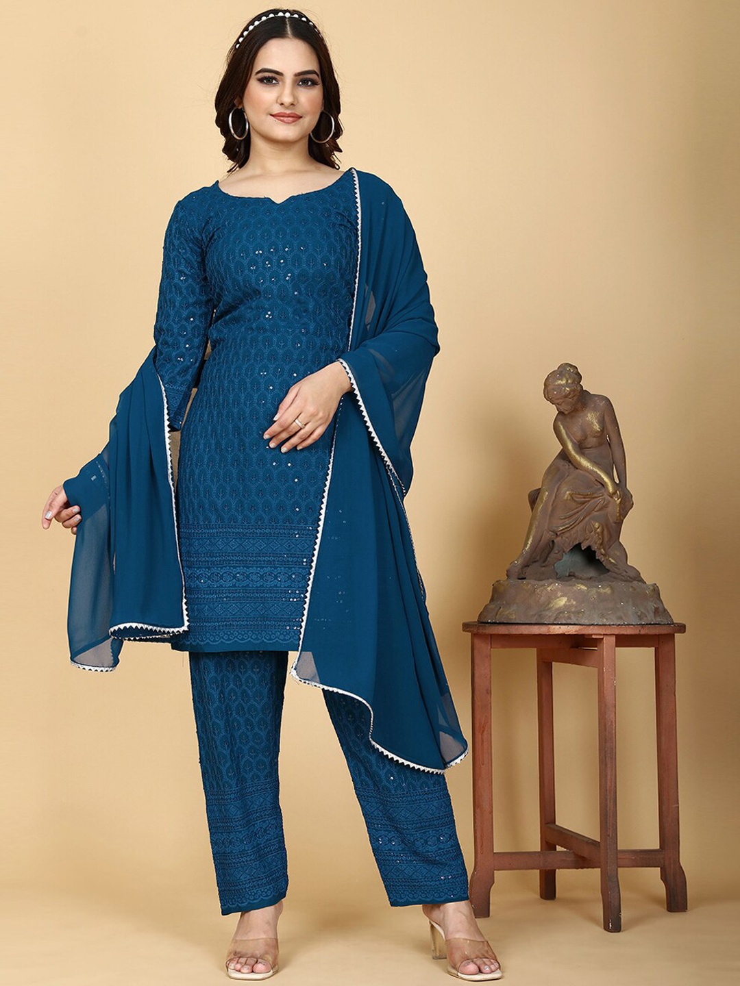 

PRENEA Women Ethnic Motifs Embroidered Sequinned Kurta with Trousers & Dupatta, Turquoise blue