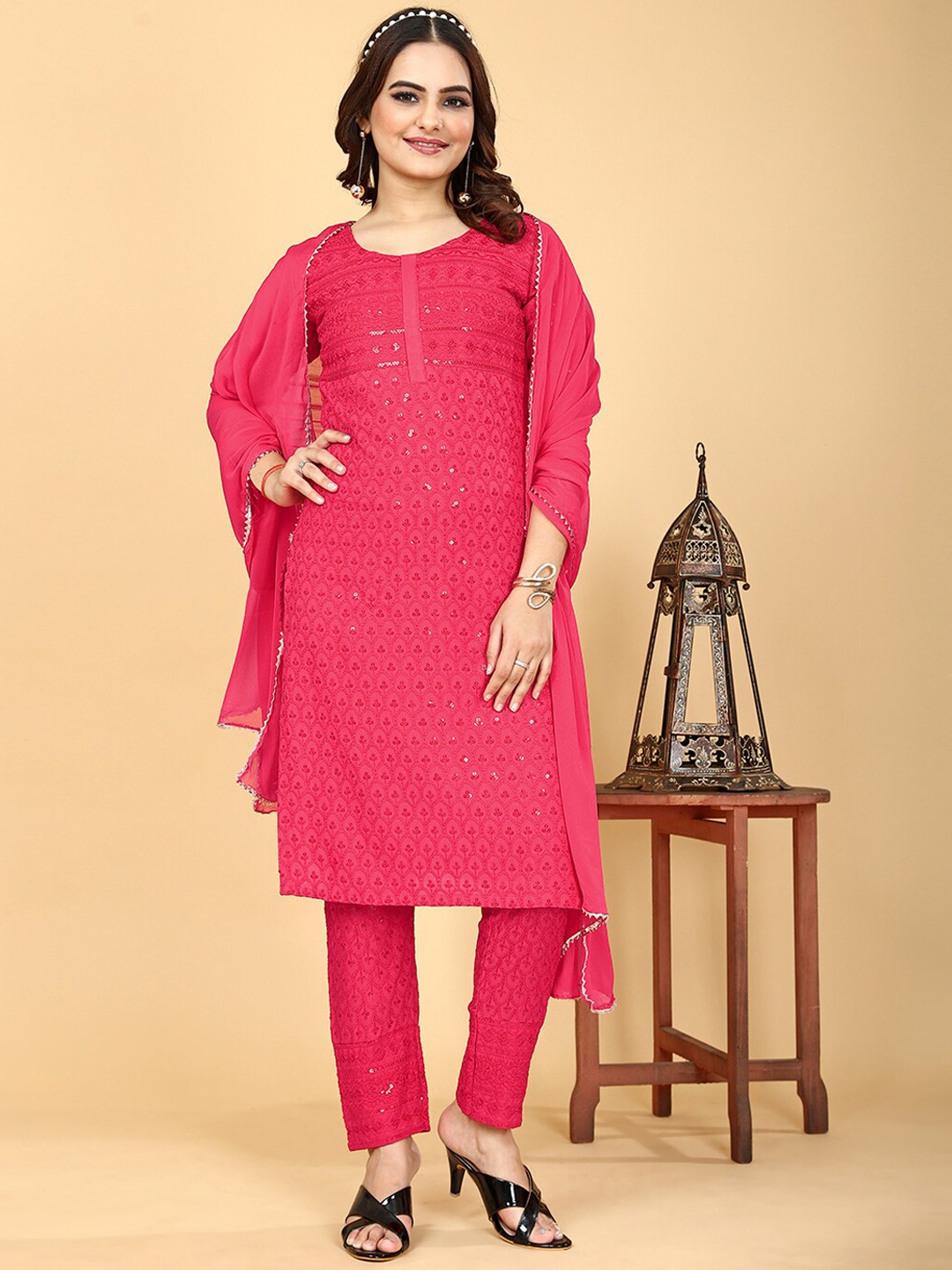 

PRENEA Ethnic Motifs Embroidered Sequinned Kurta with Trousers & Dupatta, Magenta