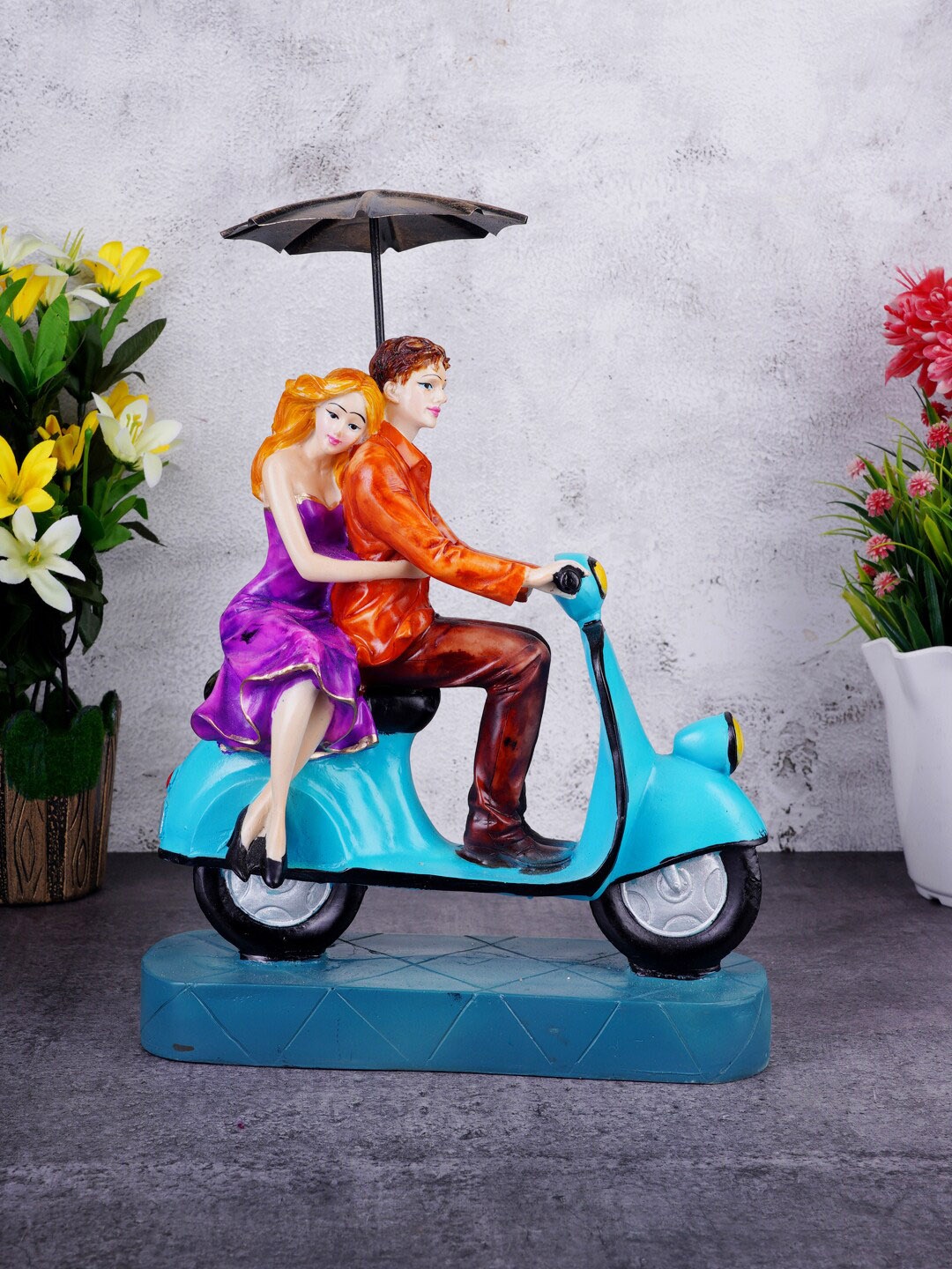 

FASHIYANOO Orange & Blue Scooter Couple With Umbrella Showpiece