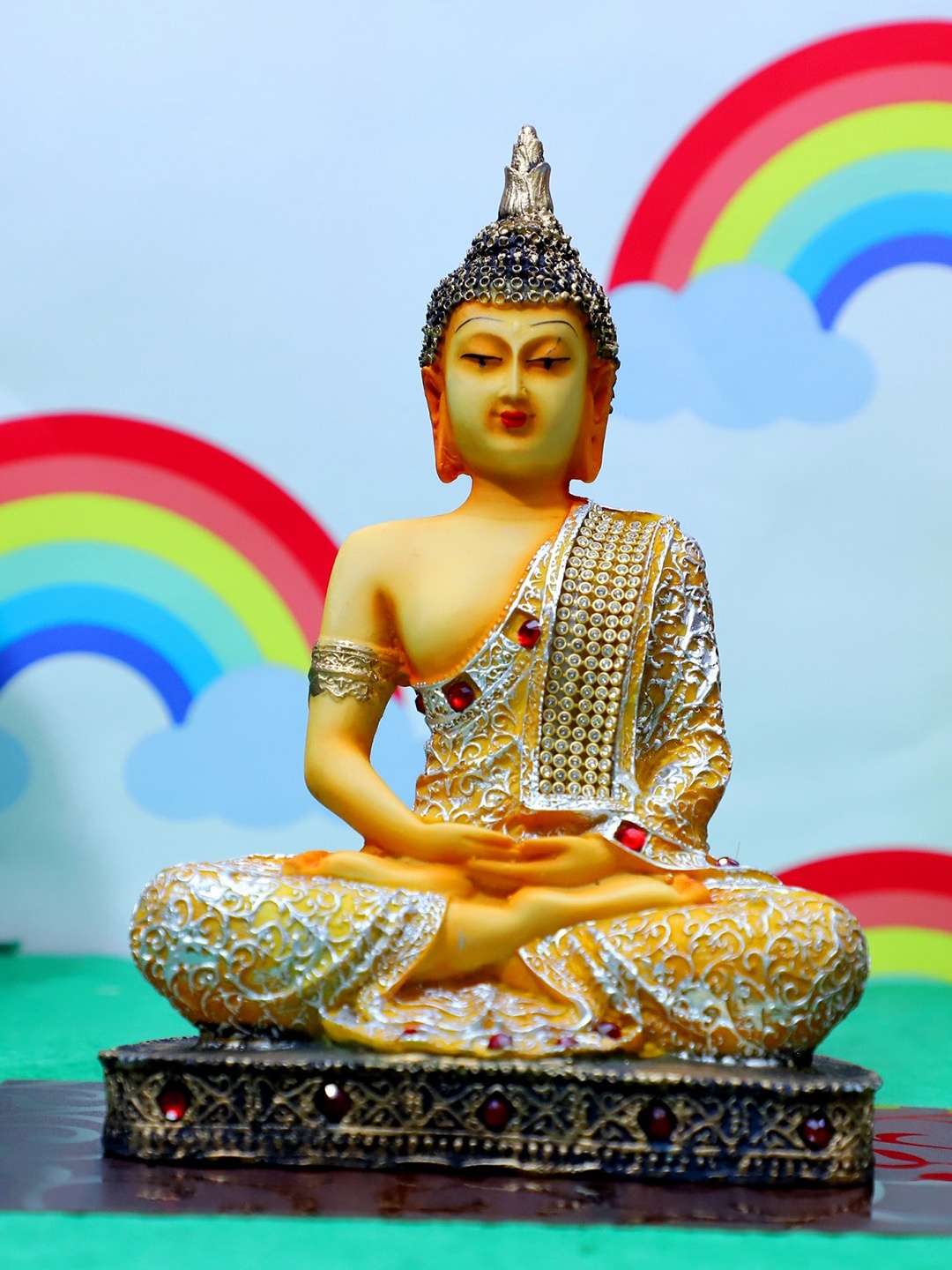 

FASHIYANOO Yellow & White Meditation Buddha Idol Showpiece