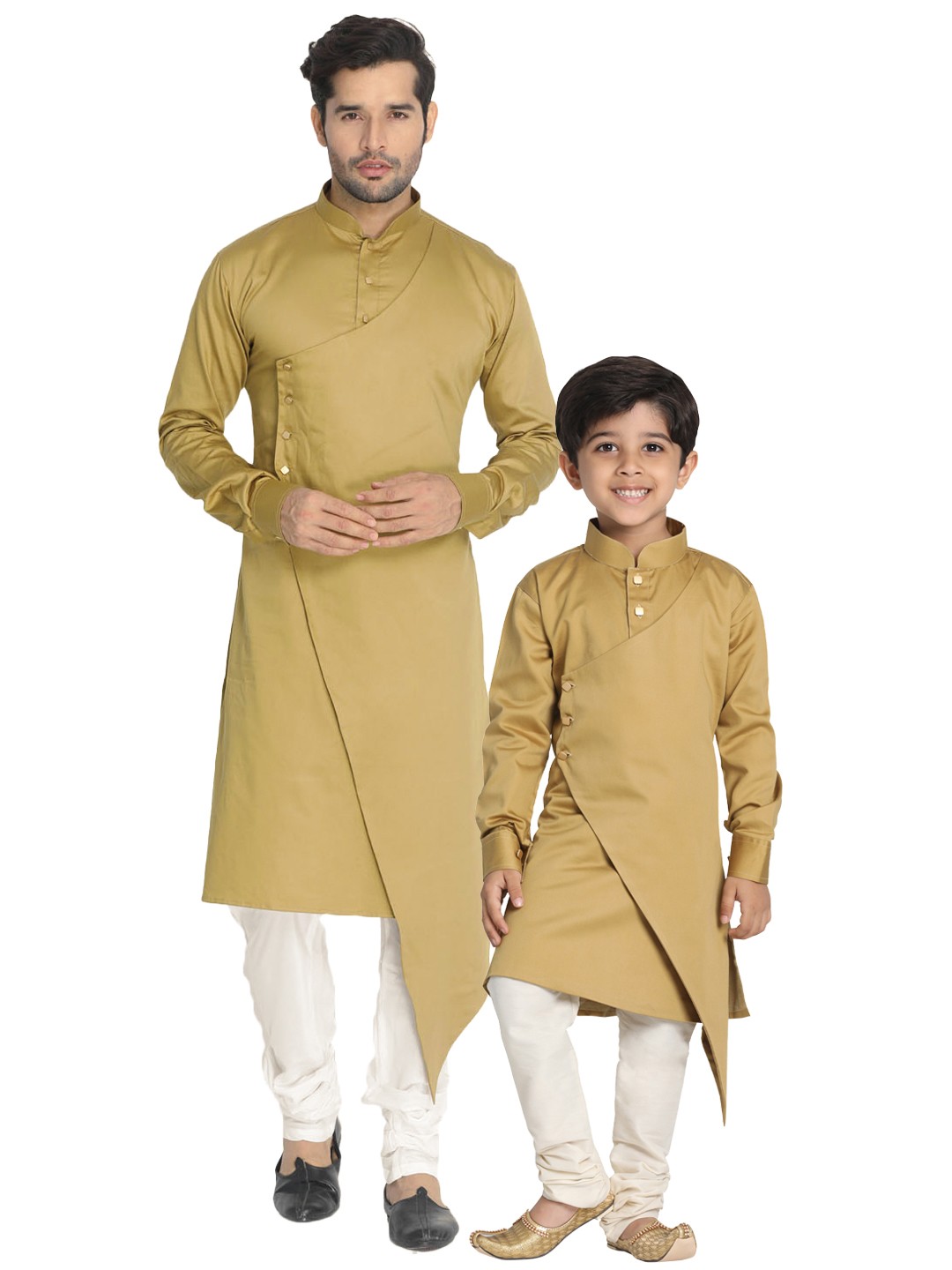 

VASTRAMAY Boys Layered Mandarin Collar Kurta with Churidar, Camel brown