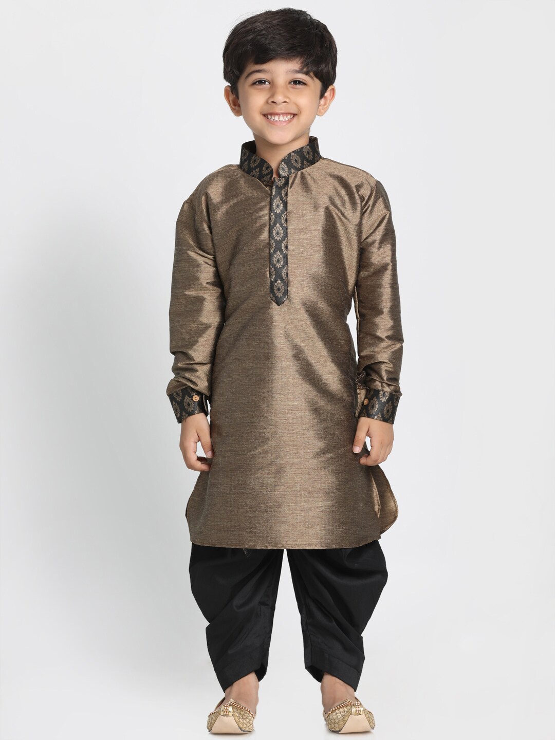 

VASTRAMAY Boys Curved Kurta with Dhoti Pants & Jacket, Gold