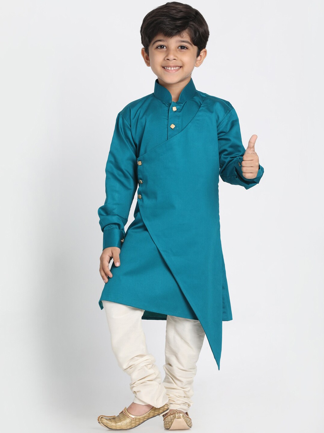 

VASTRAMAY Boys Mandarin Collar Layered Kurta with Churidar, Turquoise blue