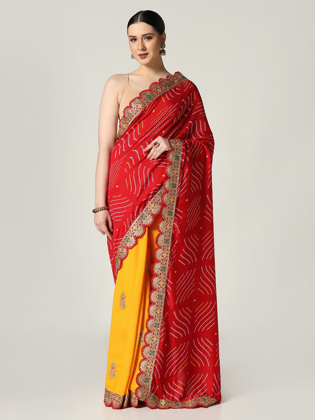 

BOMBAY SELECTIONS Bandhani Embroidered Satin Bandhani Saree, Red