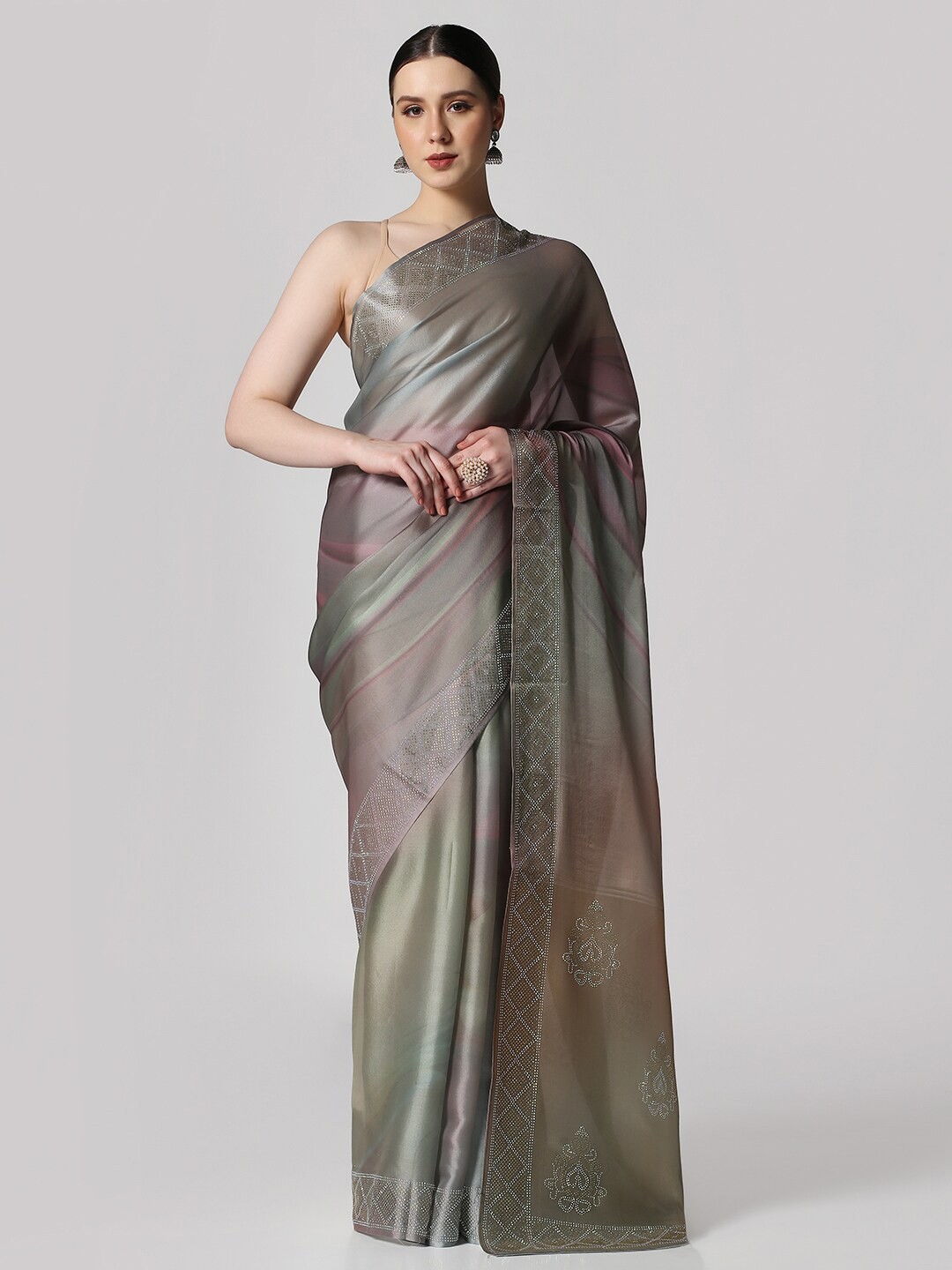 

BOMBAY SELECTIONS Beads and Stones Satin Saree, Green