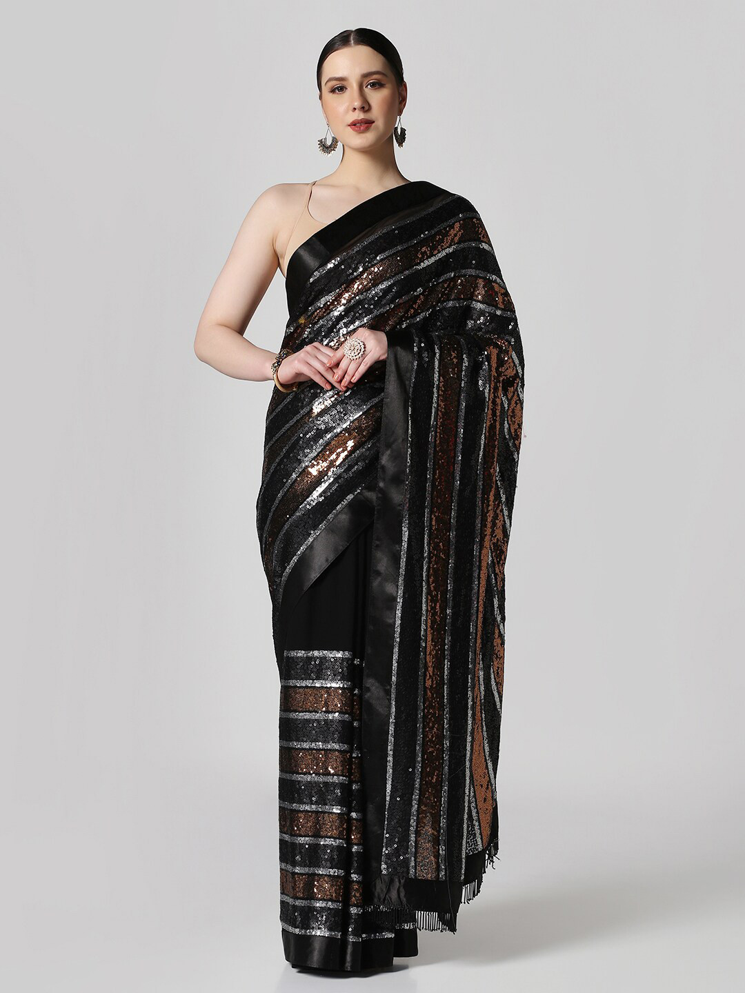 

BOMBAY SELECTIONS Embellished Schiffli Satin Saree, Black