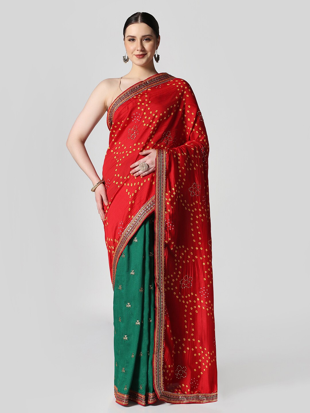 

BOMBAY SELECTIONS Maroon & Mustard Bandhani Embroidered Satin Bandhani Saree