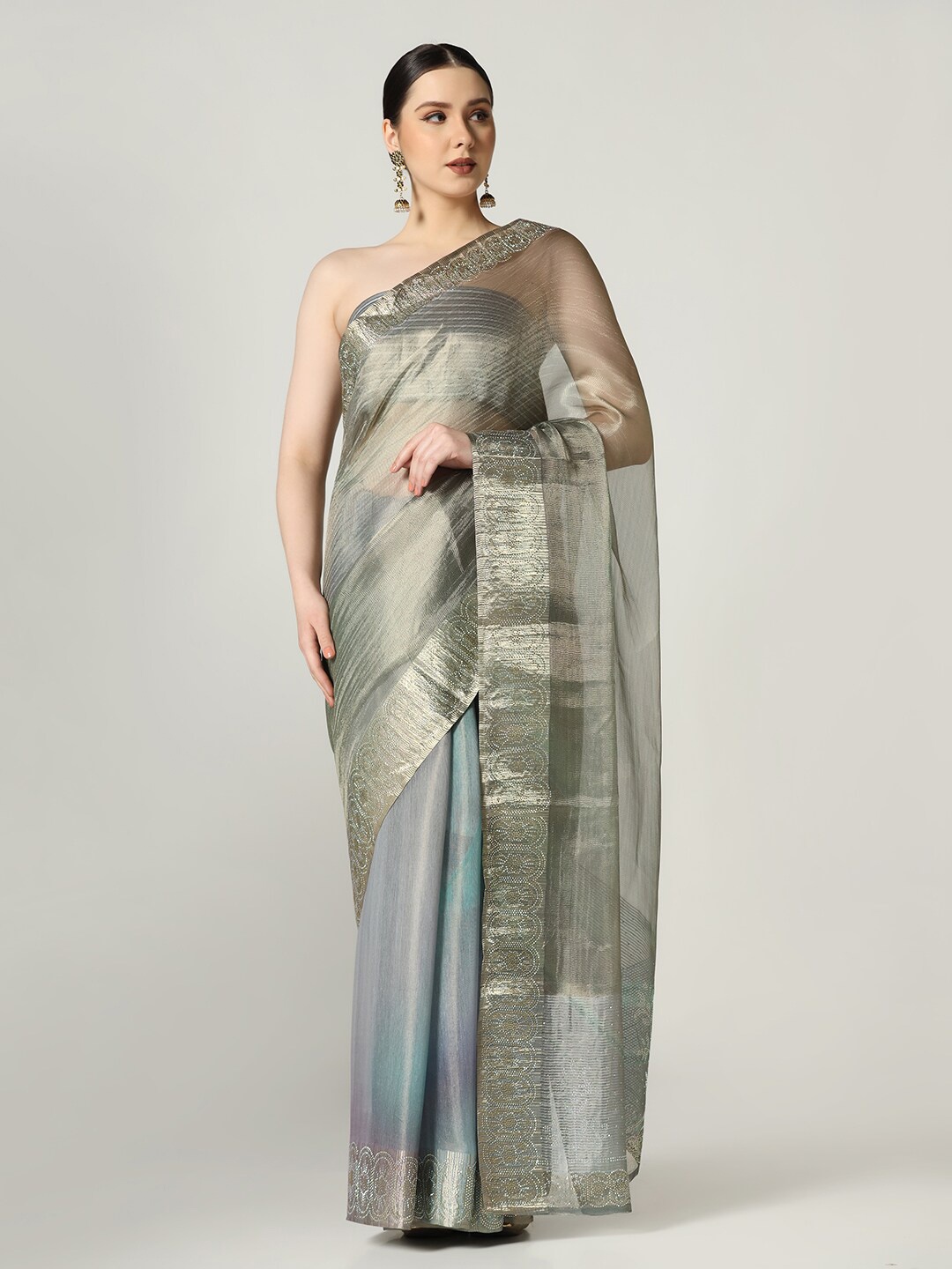 

BOMBAY SELECTIONS Grey & Silver-Toned Beads and Stones Supernet Saree