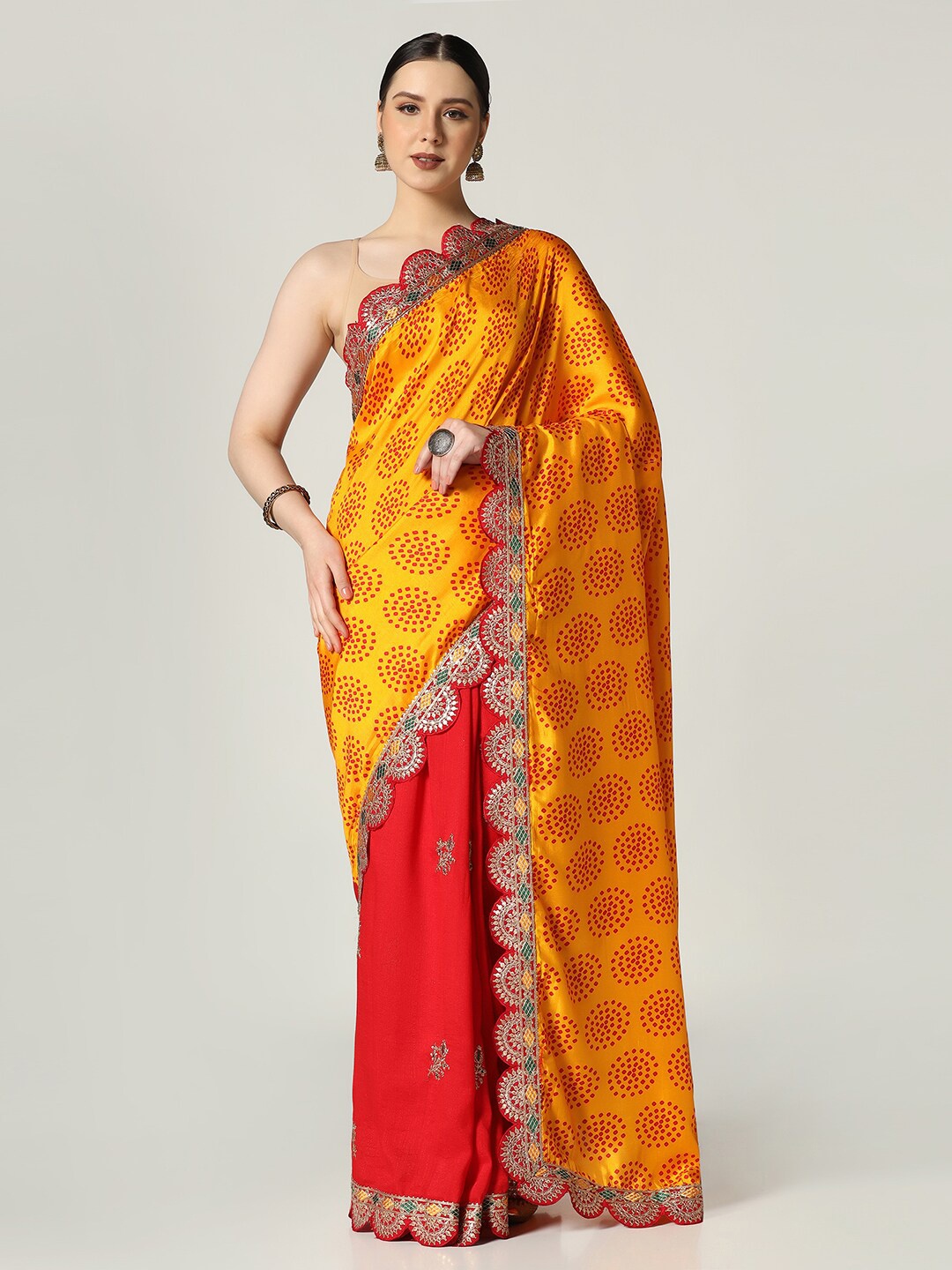 

BOMBAY SELECTIONS Half and Half Bandhani Printed Saree, Yellow