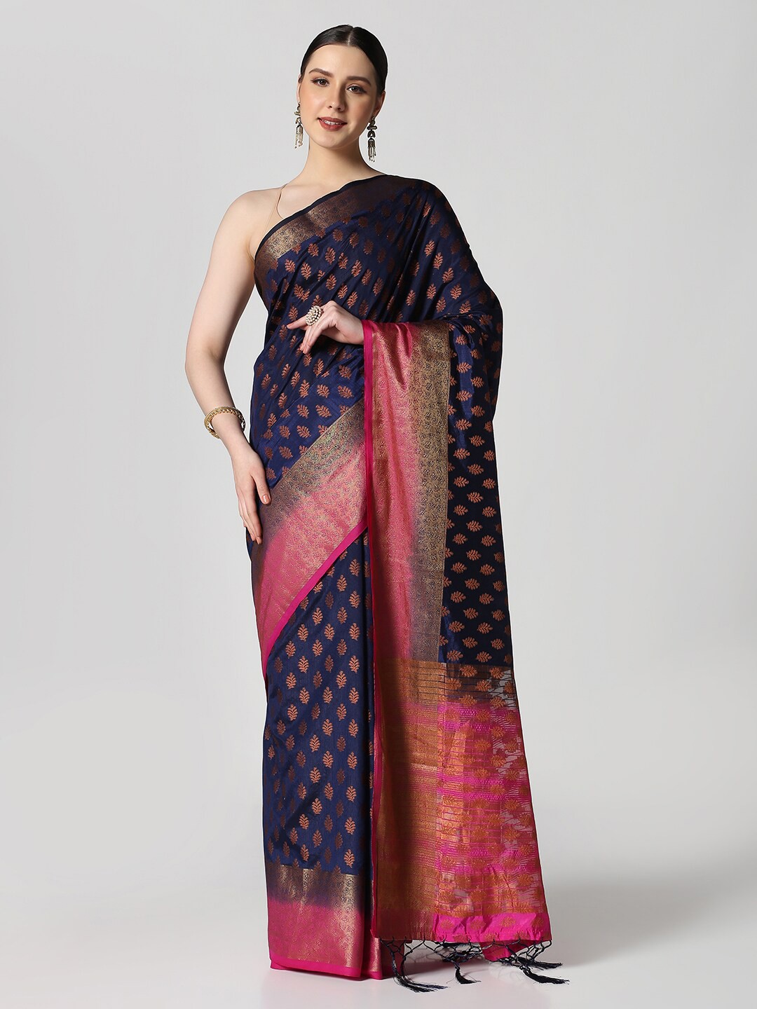 

BOMBAY SELECTIONS Woven Design Zari Art Silk Banarasi Saree, Navy blue