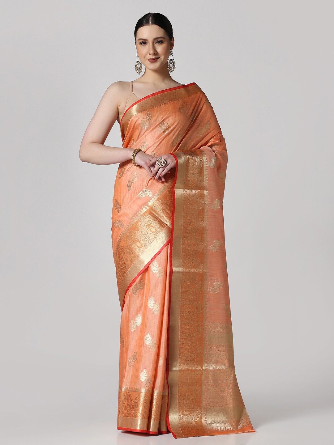 

BOMBAY SELECTIONS Ethnic Motif Woven Design Zari Banarasi Saree, Peach