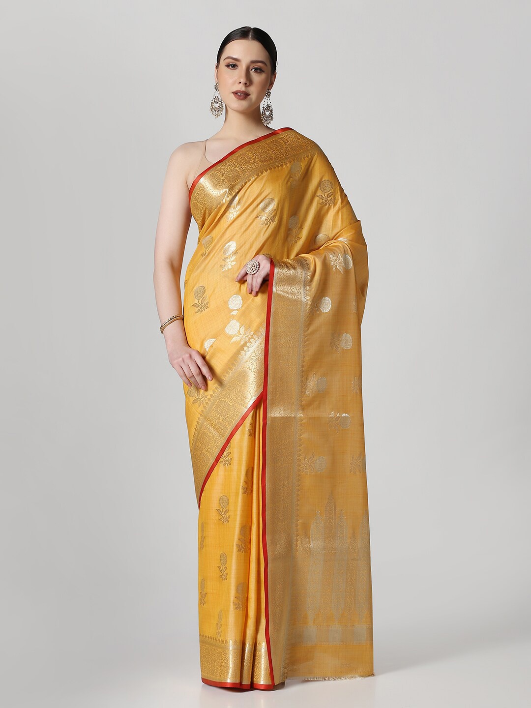 

BOMBAY SELECTIONS Floral Woven Design Zari Banarasi Saree, Yellow