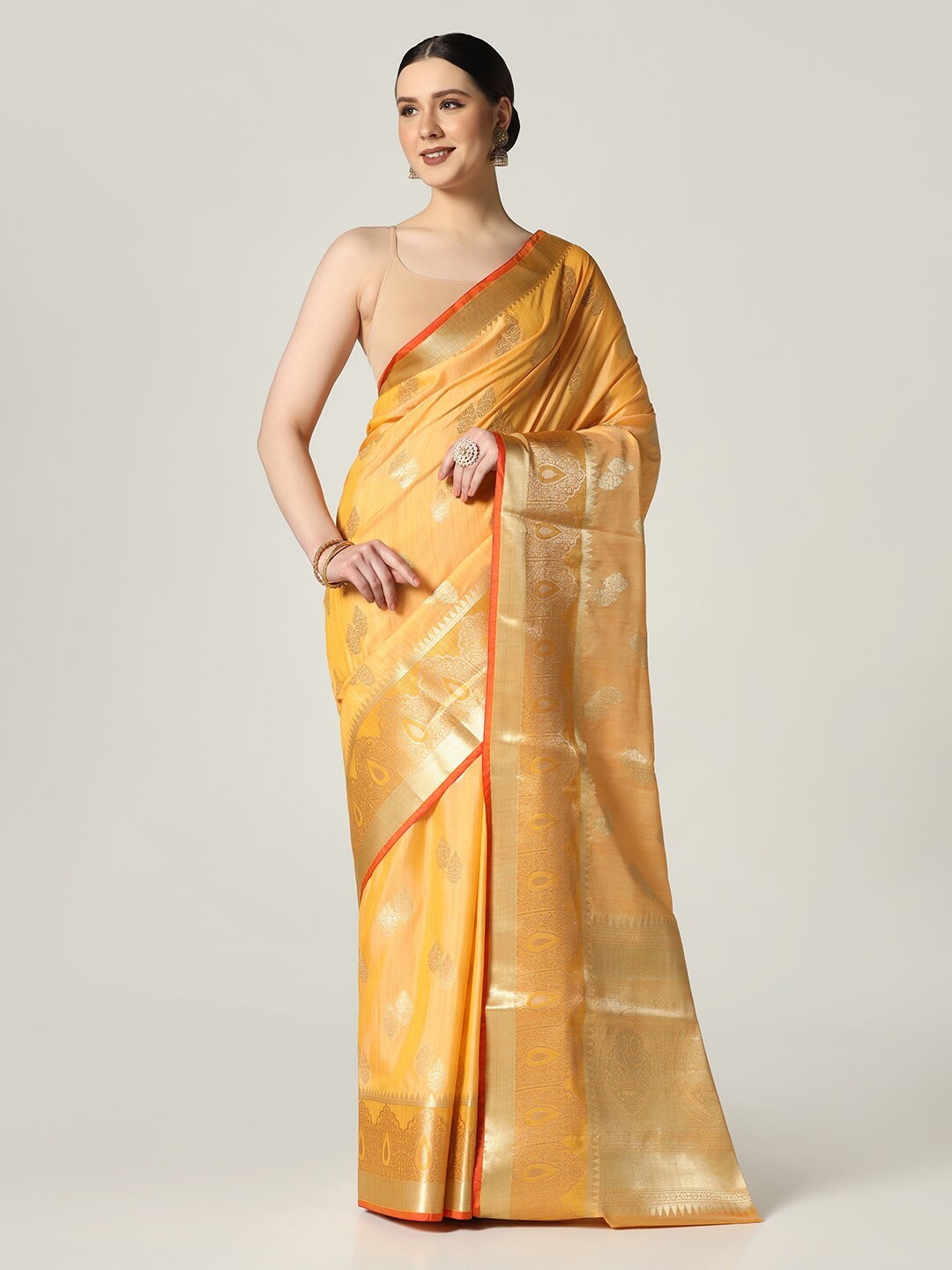 

BOMBAY SELECTIONS Ethnic Motifs Woven Design Zari Banarasi Saree, Yellow