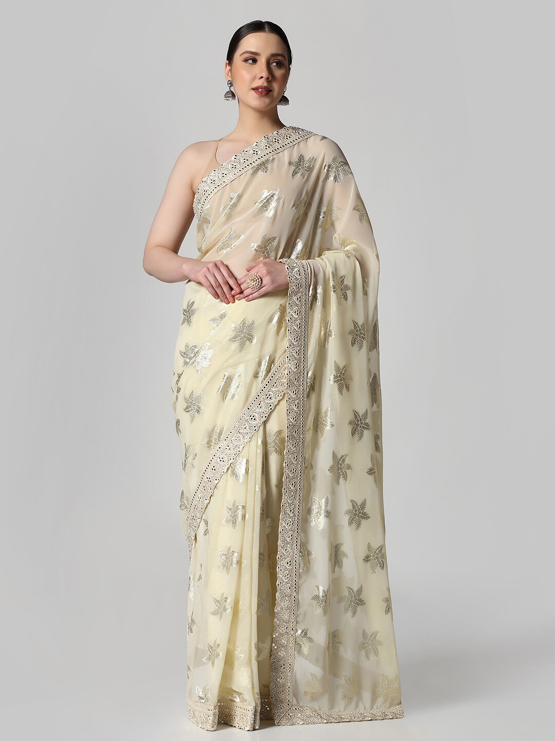 

BOMBAY SELECTIONS Floral Woven Design Tissue Saree, Cream