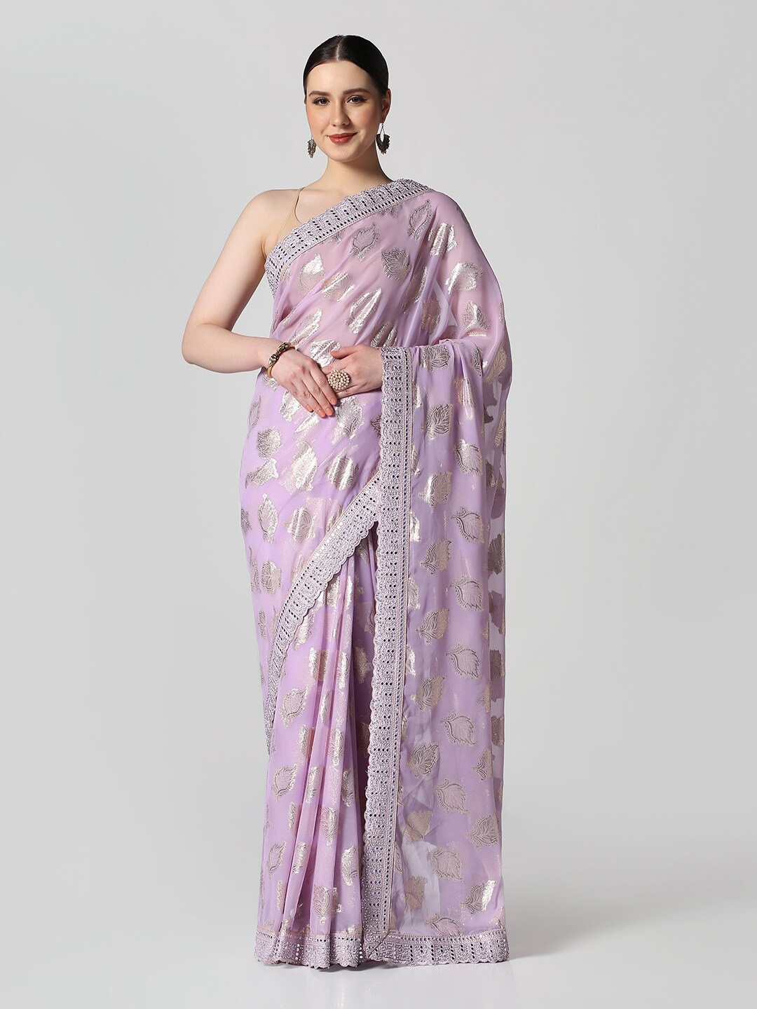 

BOMBAY SELECTIONS Ethnic Motif Mirror Work Saree, Lavender