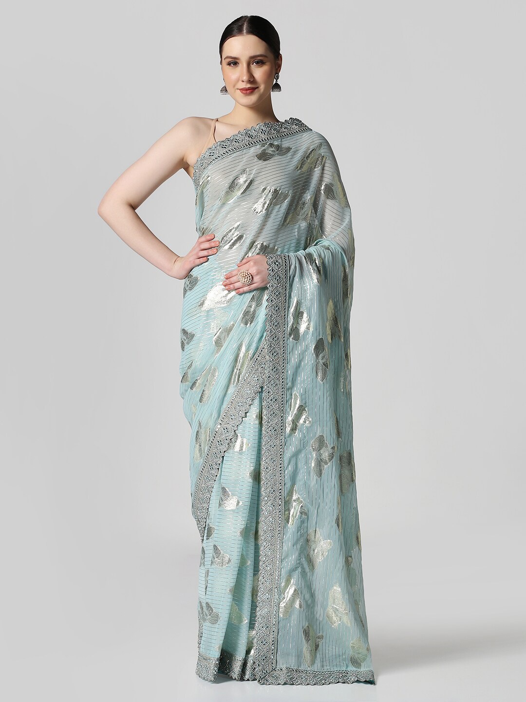 

BOMBAY SELECTIONS Woven Design Mirror Work Saree, Sea green