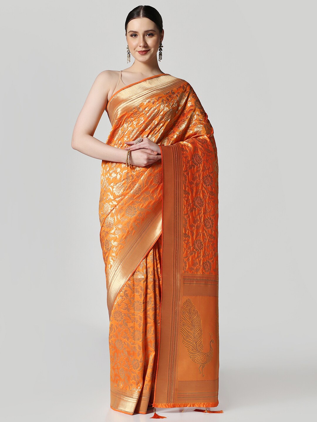 

BOMBAY SELECTIONS Woven Design Zari Art Silk Banarasi Saree, Orange