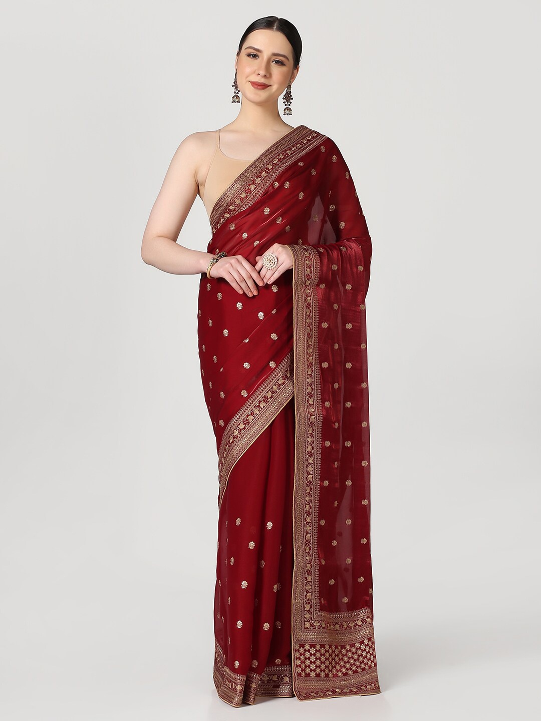 

BOMBAY SELECTIONS Maroon & Gold-Toned Woven Design Zari Satin Banarasi Saree